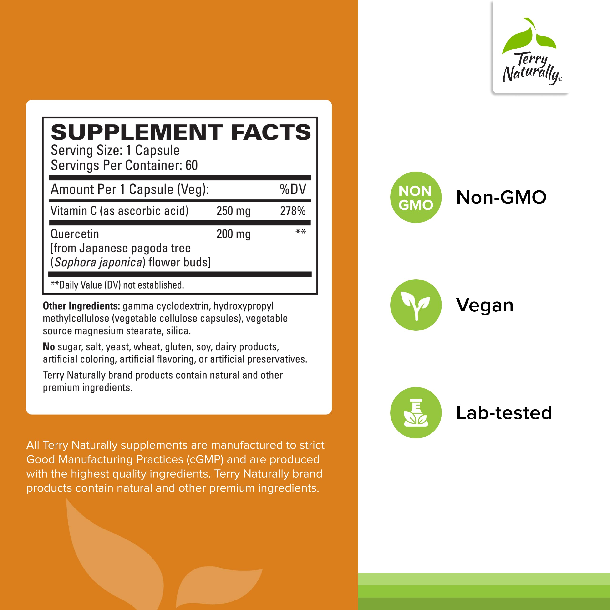 Quercétine Terry Naturally avec vitamine C: flacon visible, soutien immunitaire potentiel.