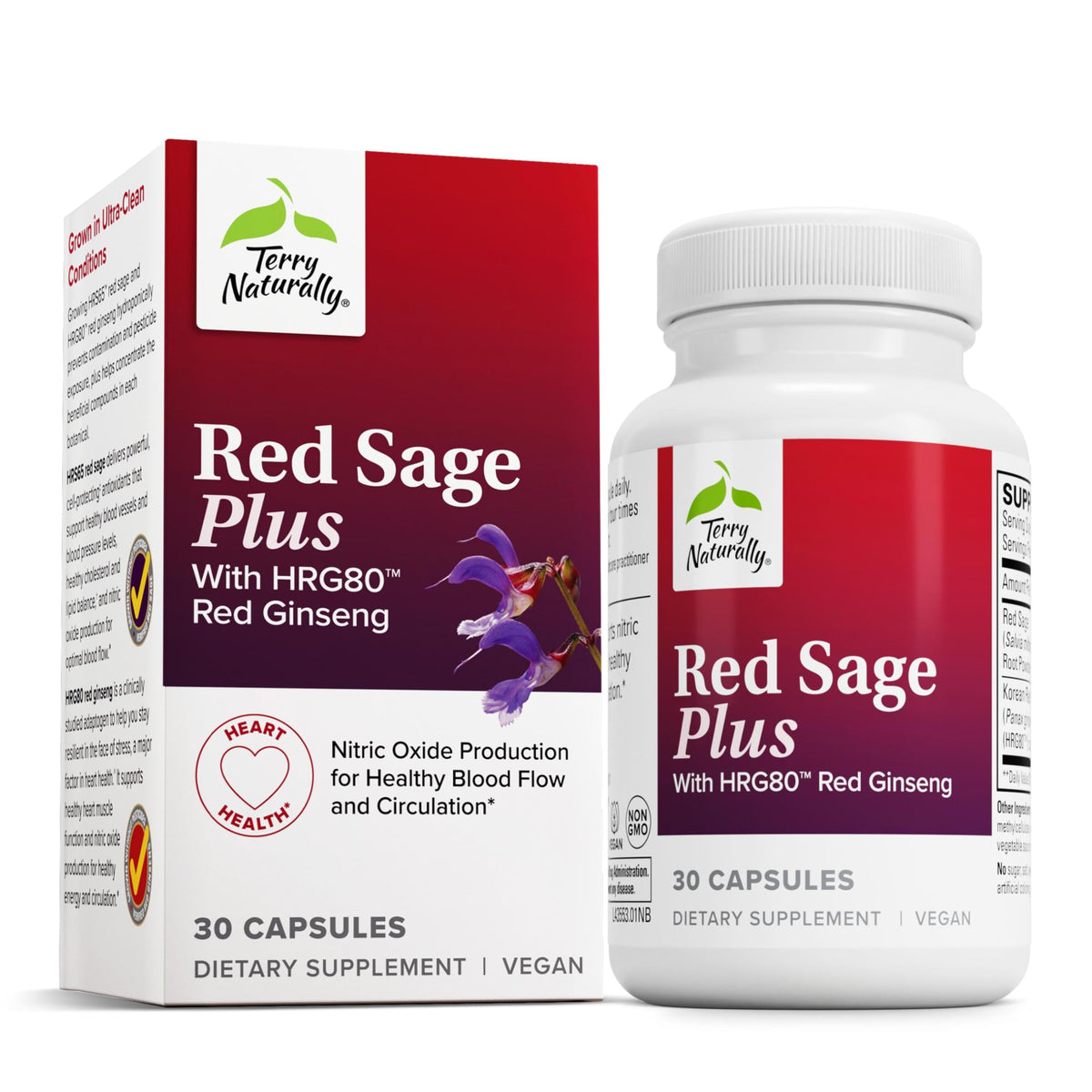 Terry Naturally Red Sage Plus — bouteille avec étiquette, soutien potentiel à la circulation.