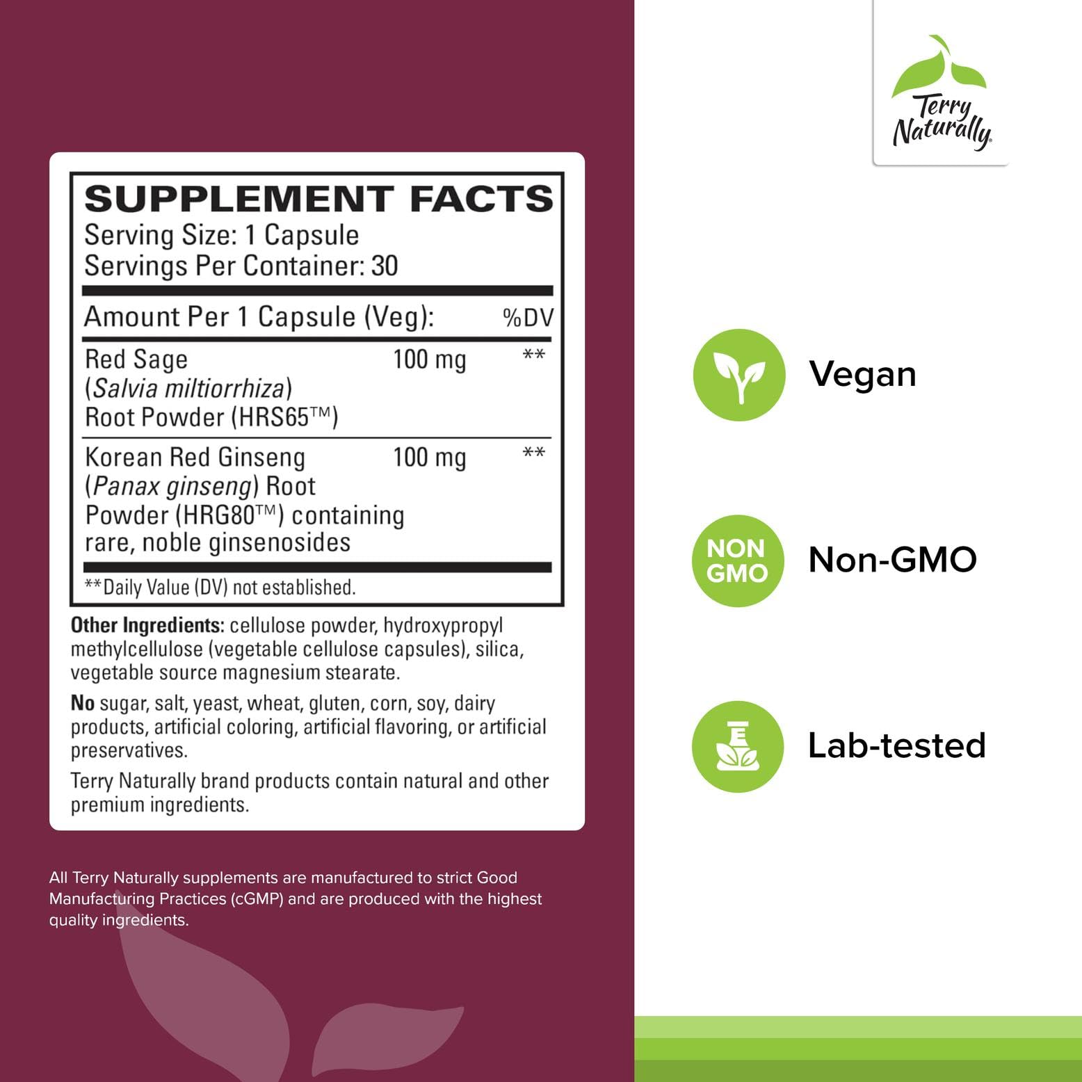 Terry Naturally Red Sage Plus — capsules visibles, pratique quotidienne pour énergie soutenue.