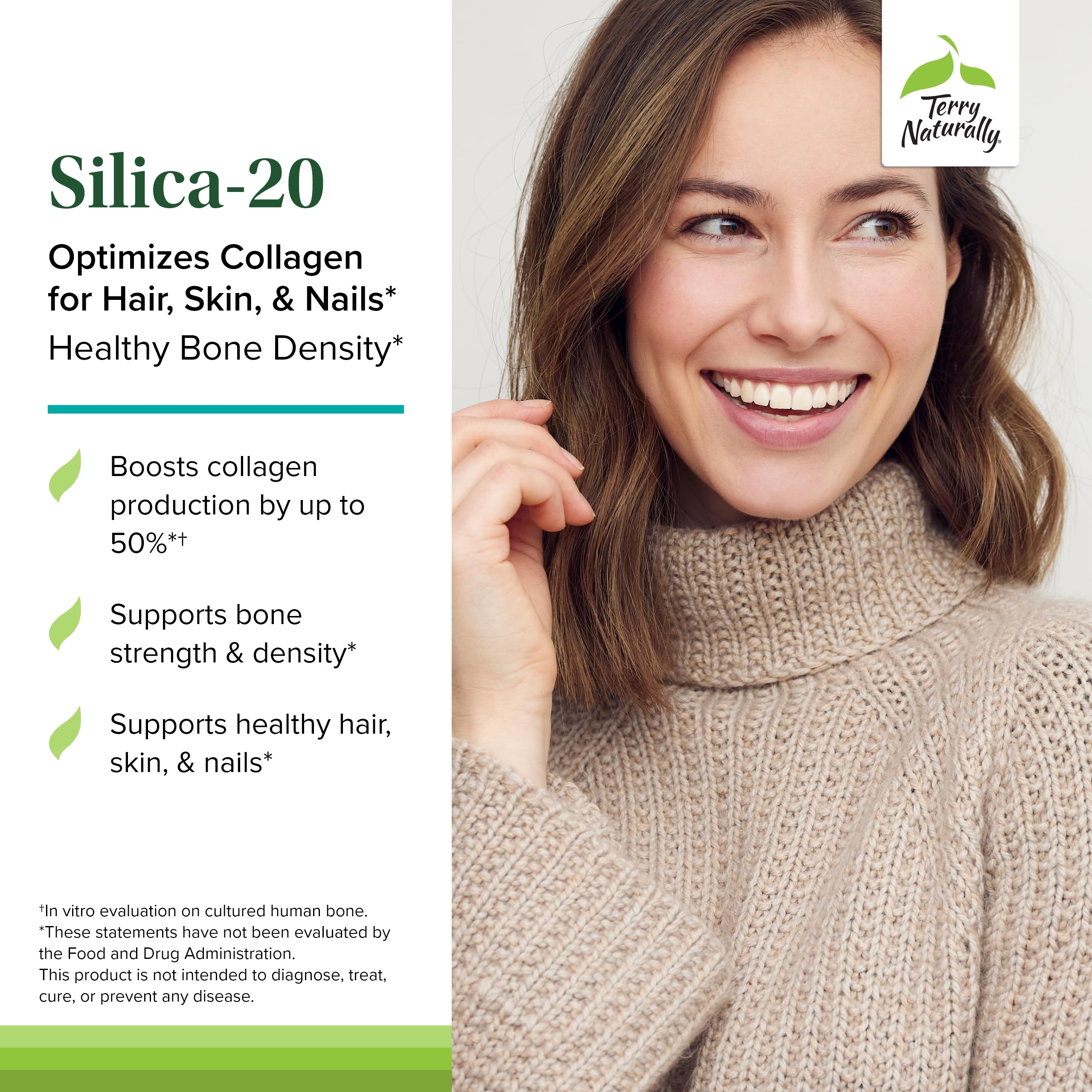 Terry Naturally Silica-20, gros plan sur les comprimés, soutien potentiel du collagène pour la peau.