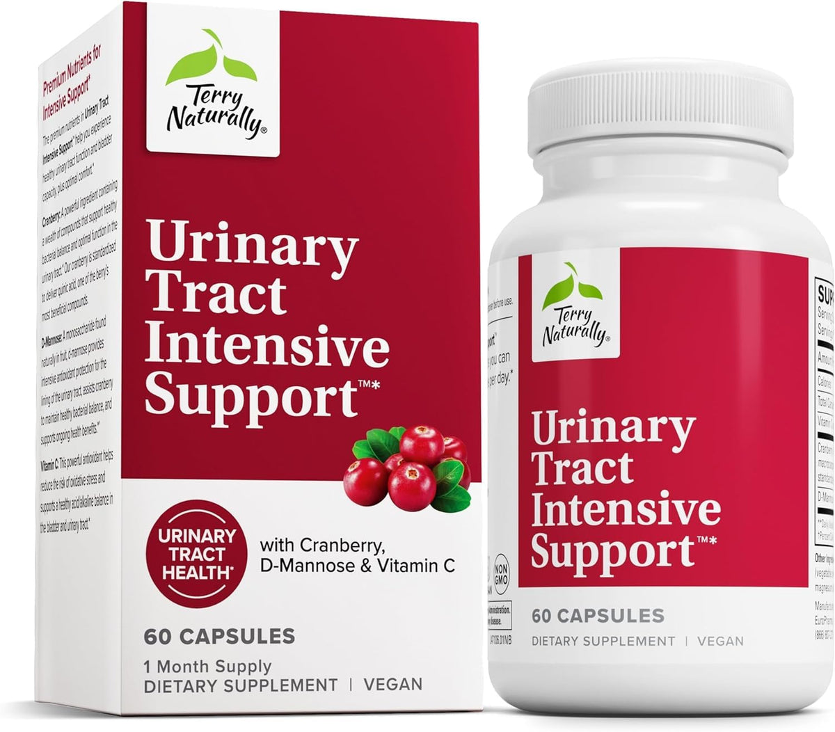 Terry Naturally soutient les voies urinaires — bouteille visible pour l'utilisation quotidienne.