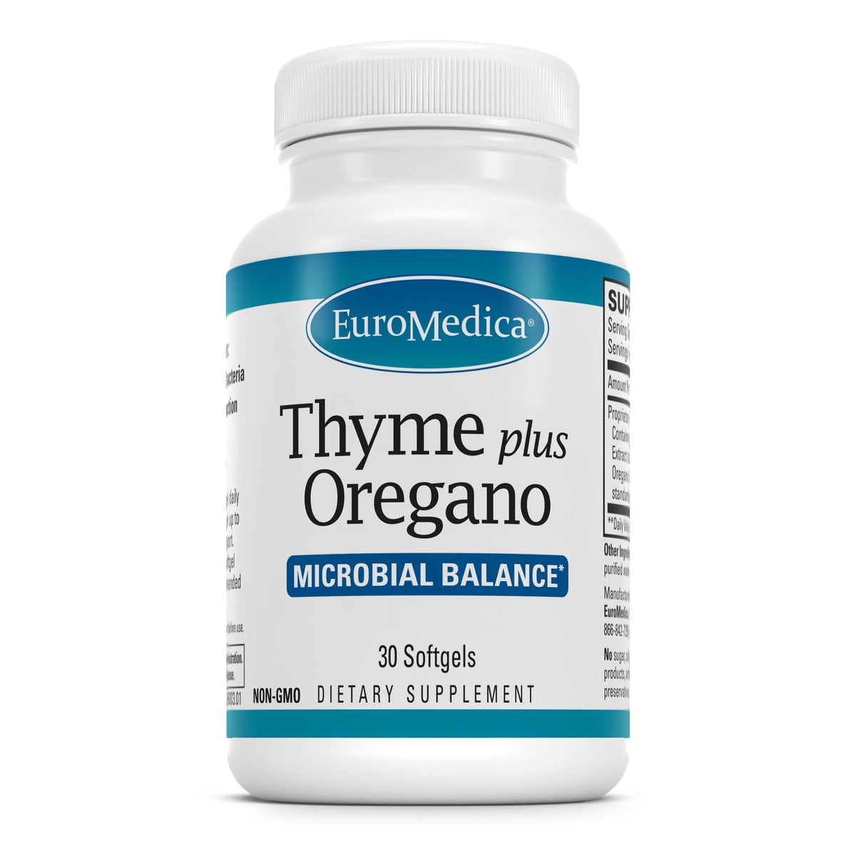 Terry Naturally EuroMedica Thyme Plus Oregano, bouteille de gélules, soutien immunitaire potentiel.