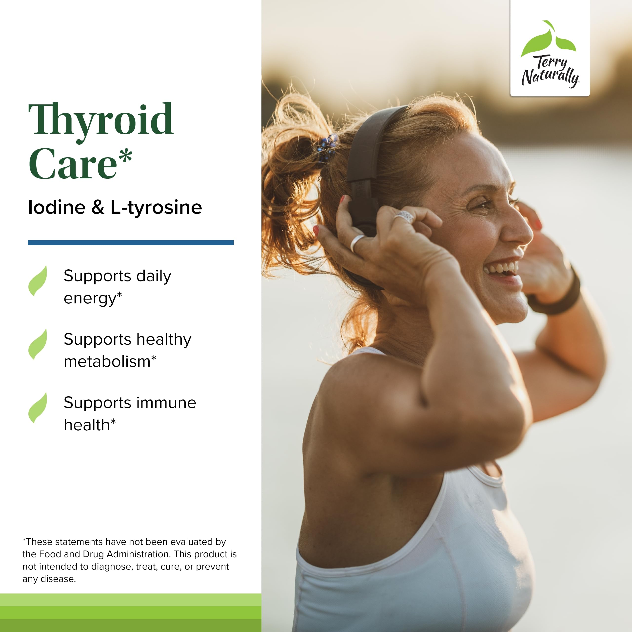 Étiquette Terry Naturally Thyroid Care affichant les ingrédients clés et les conseils d'utilisation.