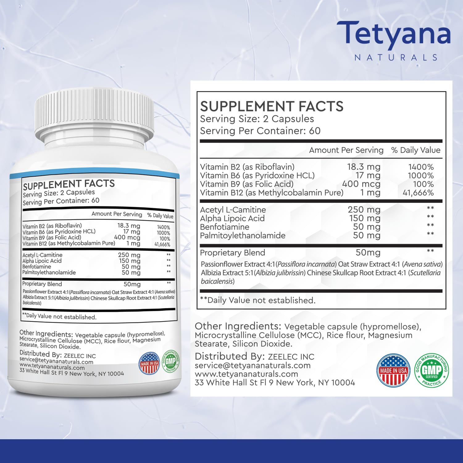 Étiquette Tetyana Naturals montrant les informations et la qualité.