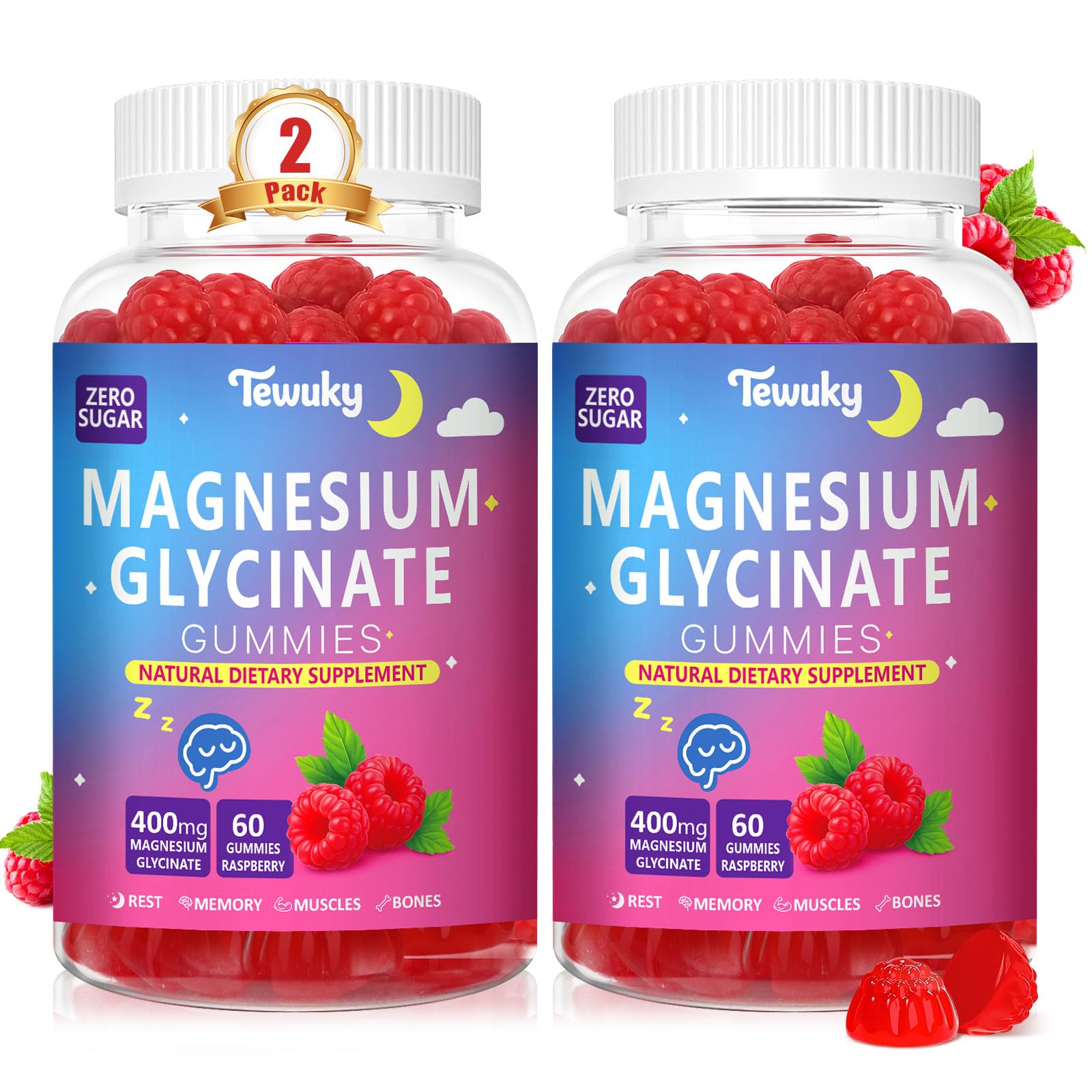 Gommes Tewuky magnésium glycinate framboise dans flacon.