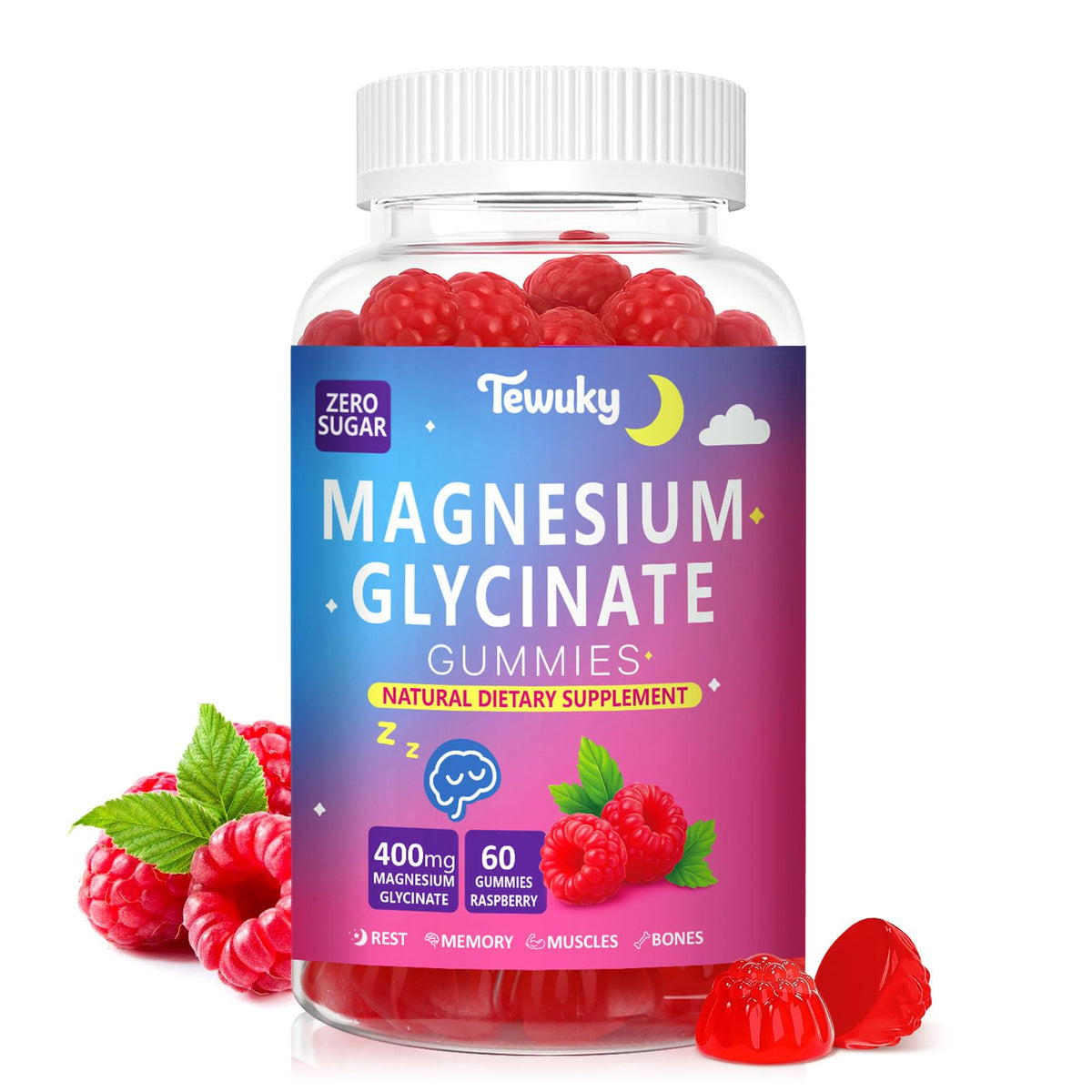 Tewuky Magnésium Glycinate Gummies, bouteille, favorisant la détente.