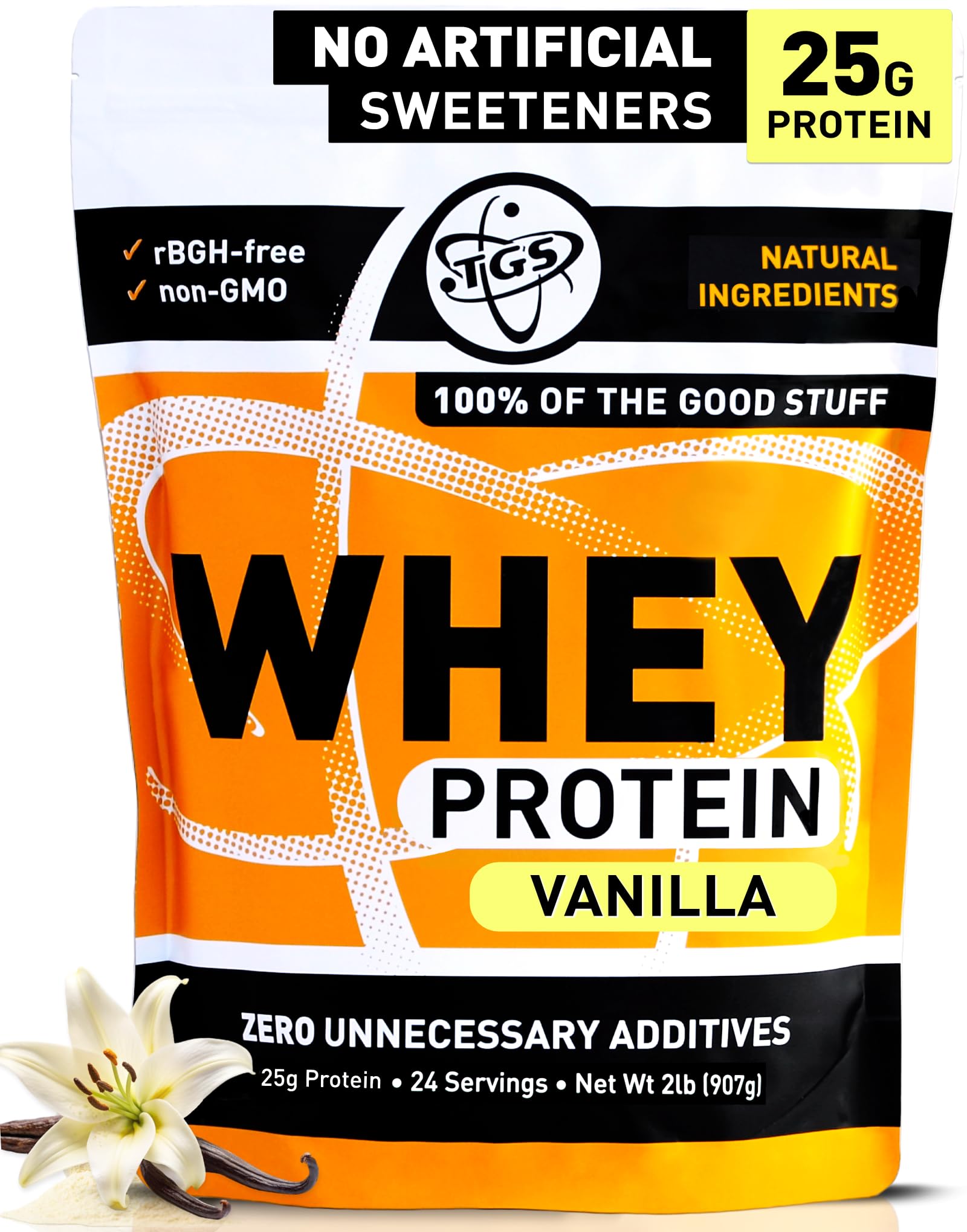 TGS Nutrition poudre whey vanille naturelle pour shakes protéinés équilibrés.
