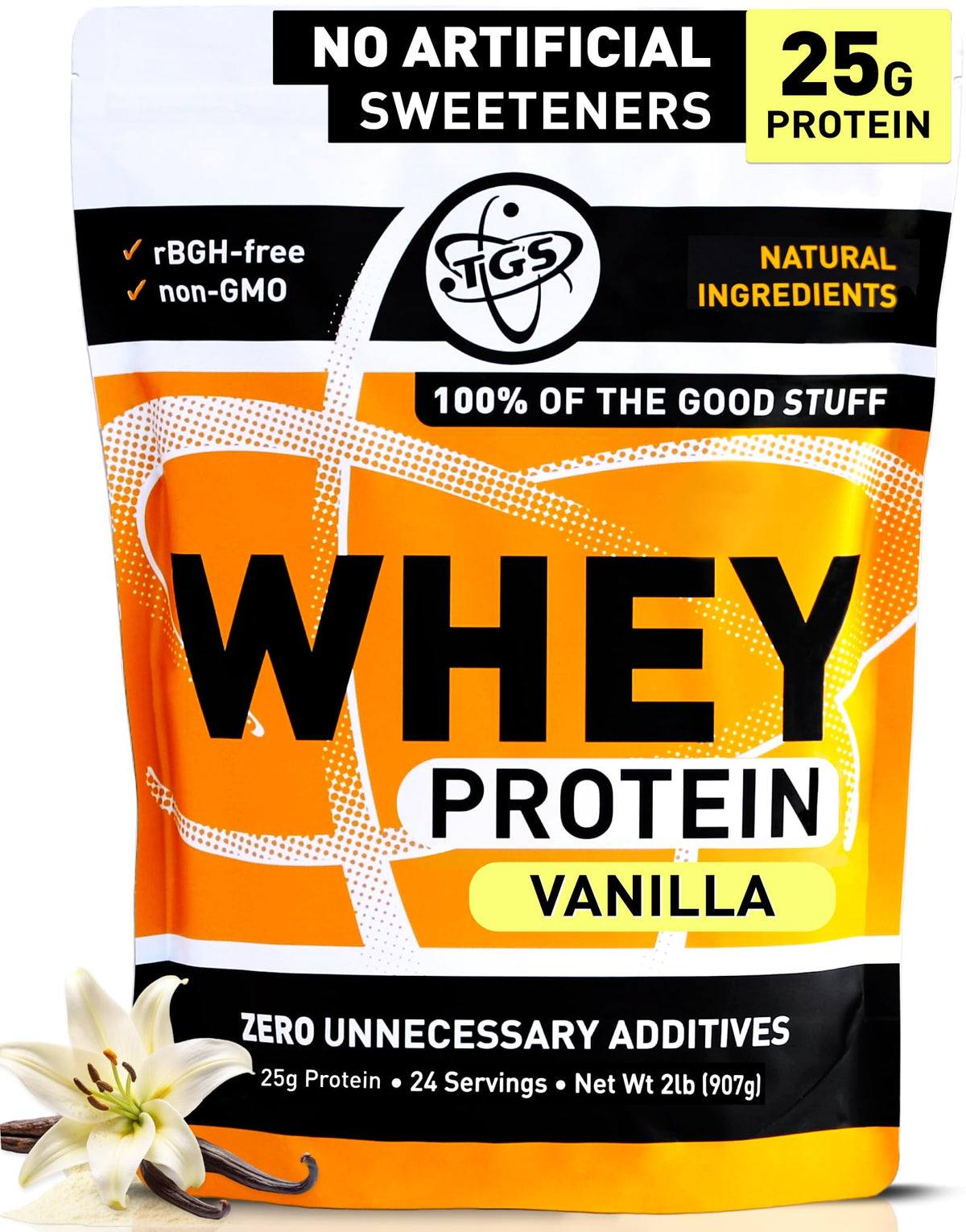 TGS Nutrition poudre whey vanille naturelle pour shakes protéinés équilibrés.