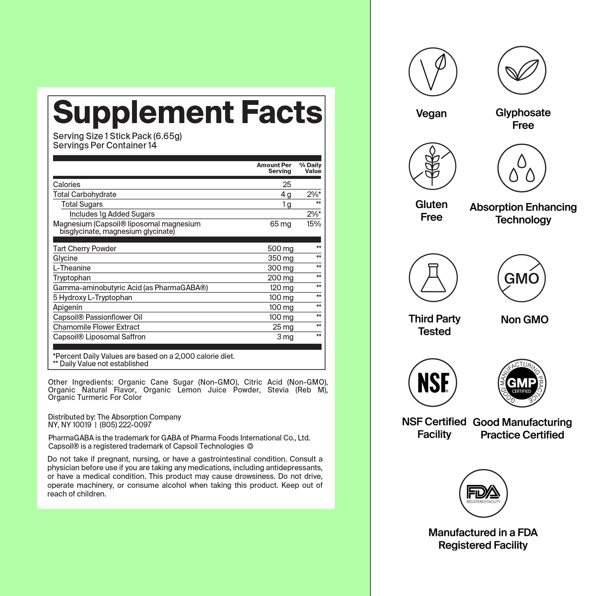 The Absorption Company Sleep Aid Poudre, verre mixé, boisson prête pour une nuit plus paisible