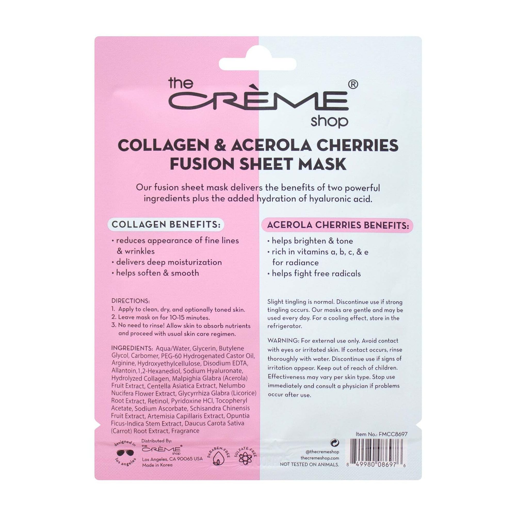 The Crème Shop emballage masque fusion collagene acerola, présentation pratique et recyclable.