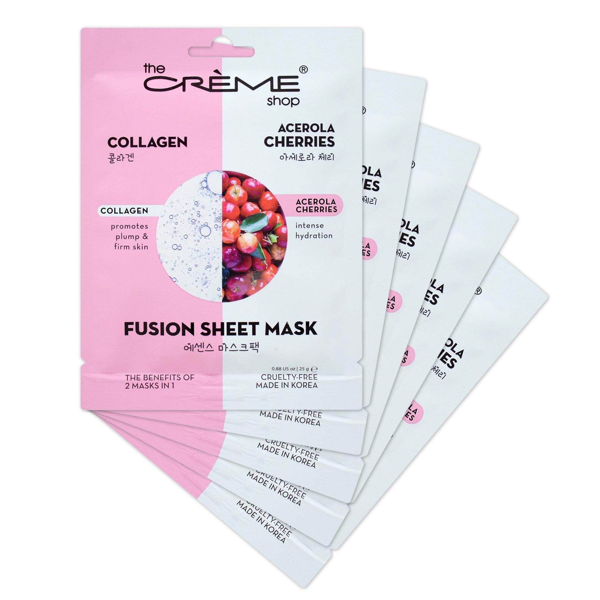 The Crème Shop Masque Fusion Collagène Acerola, pack de 5, hydratation et éclat du teint.