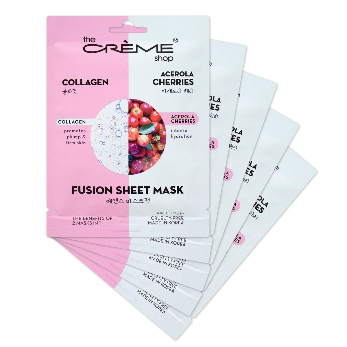 The Crème Shop Masque Fusion Collagène Acerola, pack de 5, hydratation et éclat du teint.