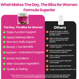 The Day The Bliss ingredients illustration highlights Milk Thistle and DHM for wellness options.