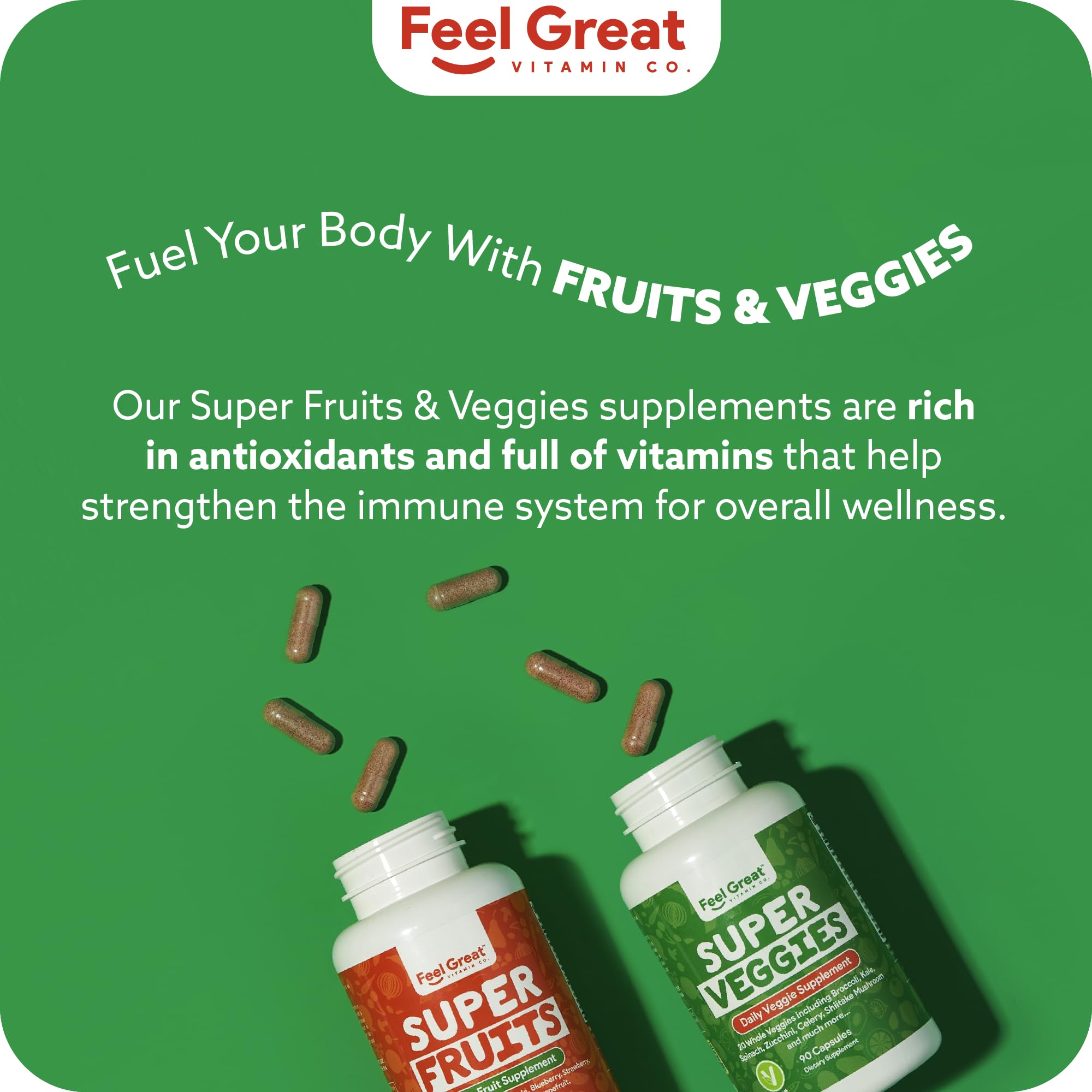 Ingrédients super-aliments Feel Great issus fruits et légumes.