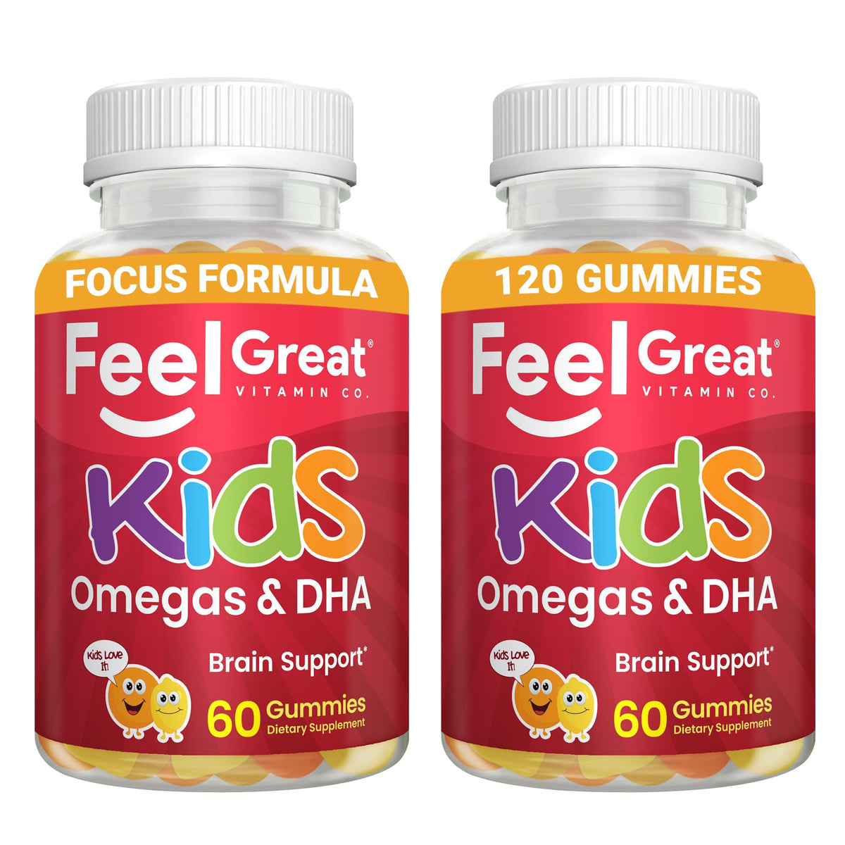 Gommes DHA Feel Great pour enfants en bouteille, soutien potentiel à la concentration.