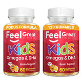 Gommes DHA Feel Great pour enfants en bouteille, soutien potentiel à la concentration.