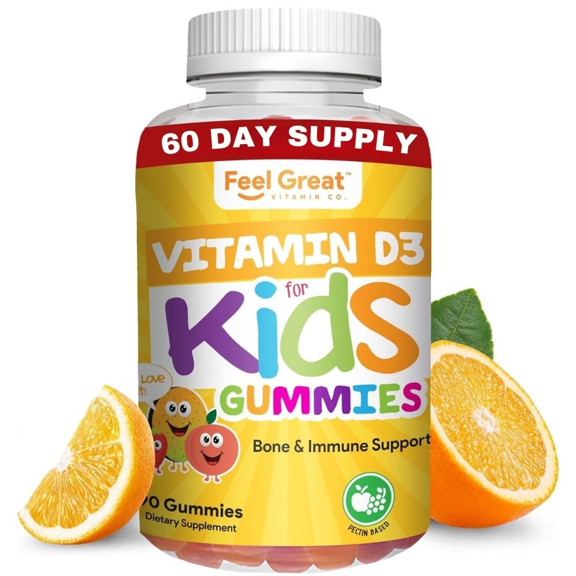 The Feel Great Vitamin Company D3 gommes — bouteille prête, soutien potentiel pour des os sains.