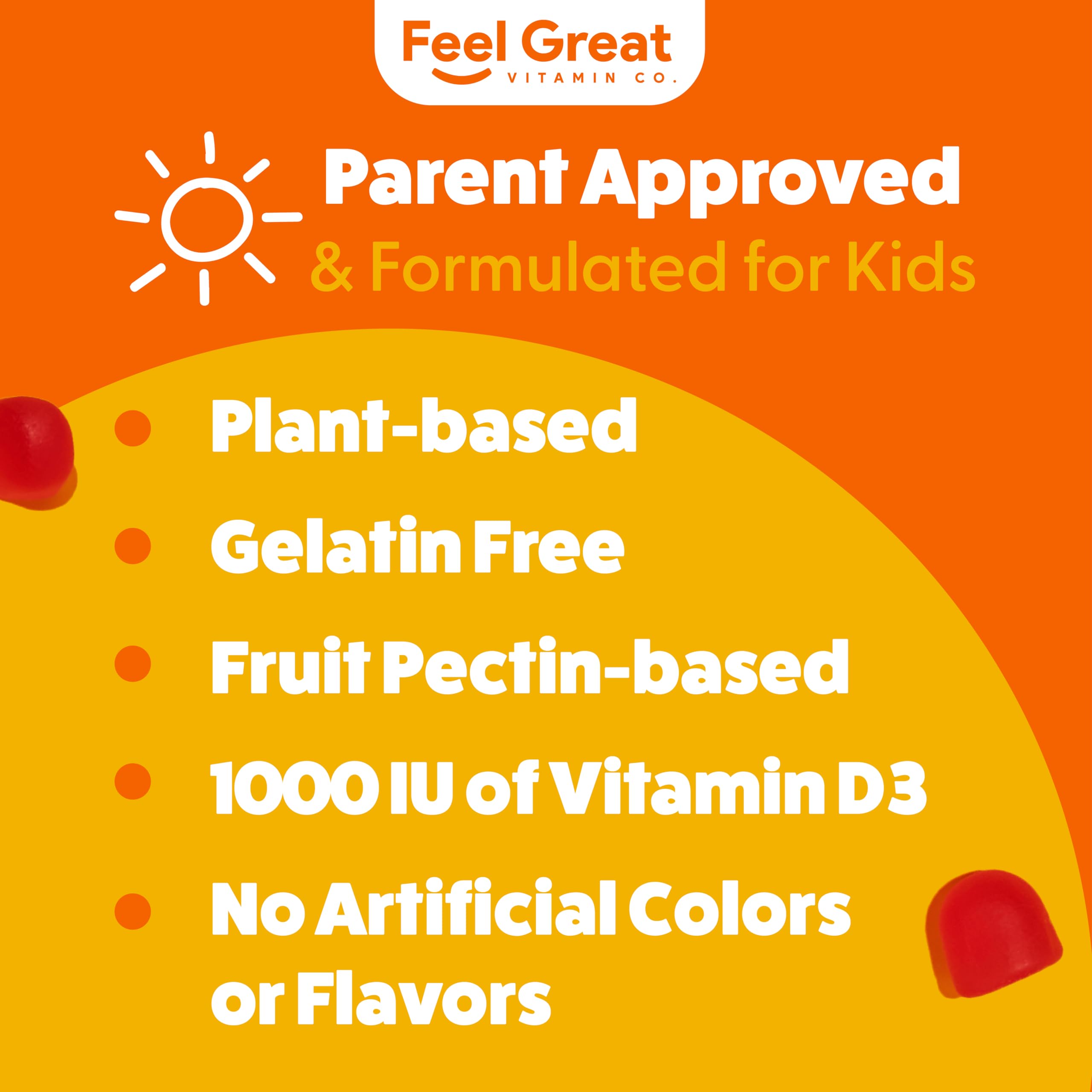 The Feel Great Vitamin Company D3 gommes — enfant souriant près de la boîte.