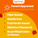 The Feel Great Vitamin Company D3 gommes — enfant souriant près de la boîte.