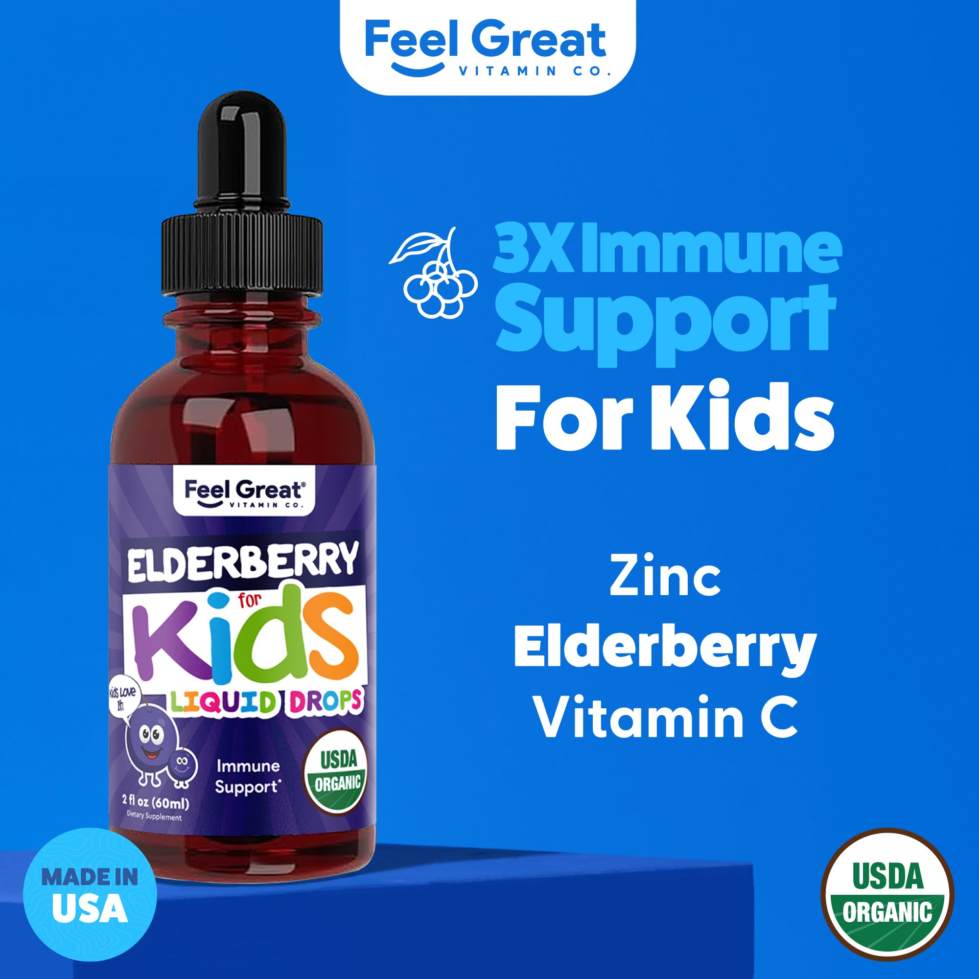Label bio certifié sur les gouttes de sureau pour enfants The Feel Great Vitamin Company.