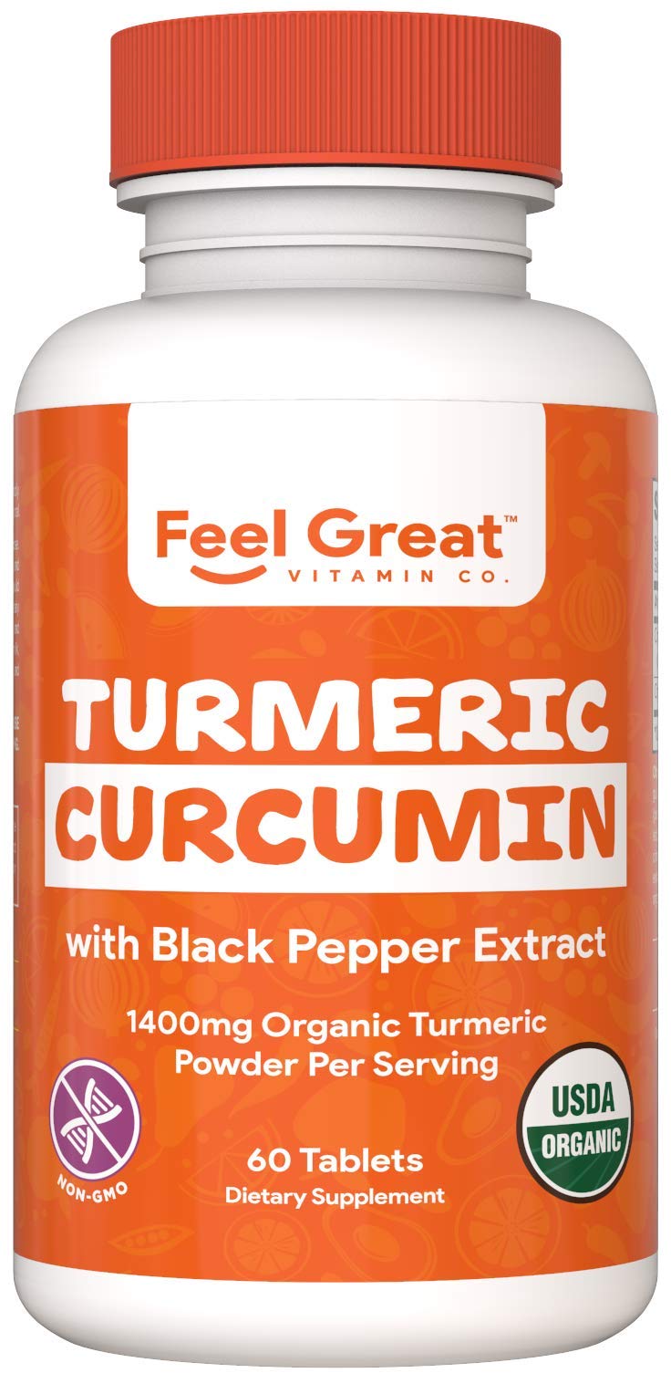 The Feel Great Vitamin Company Turmeric Curcumin, bouteille biologique, soutien bien-être quotidien.