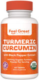 The Feel Great Vitamin Company Turmeric Curcumin, bouteille biologique, soutien bien-être quotidien.
