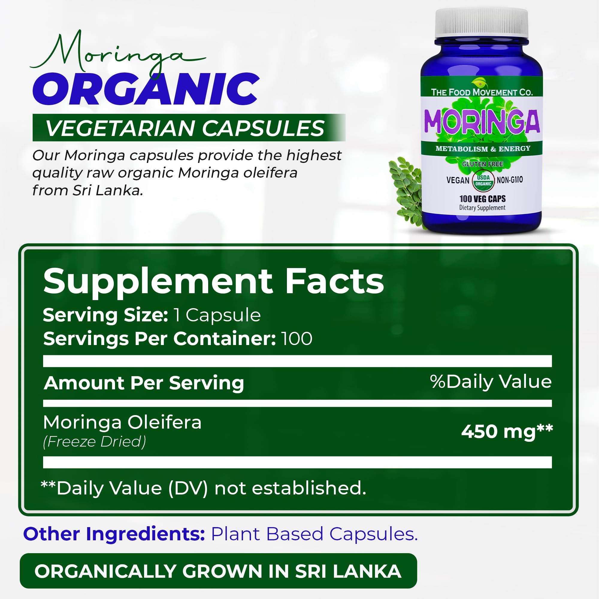 THE FOOD MOVEMENT CO. Moringa - Capsules riches en nutriments pour la vitalité.