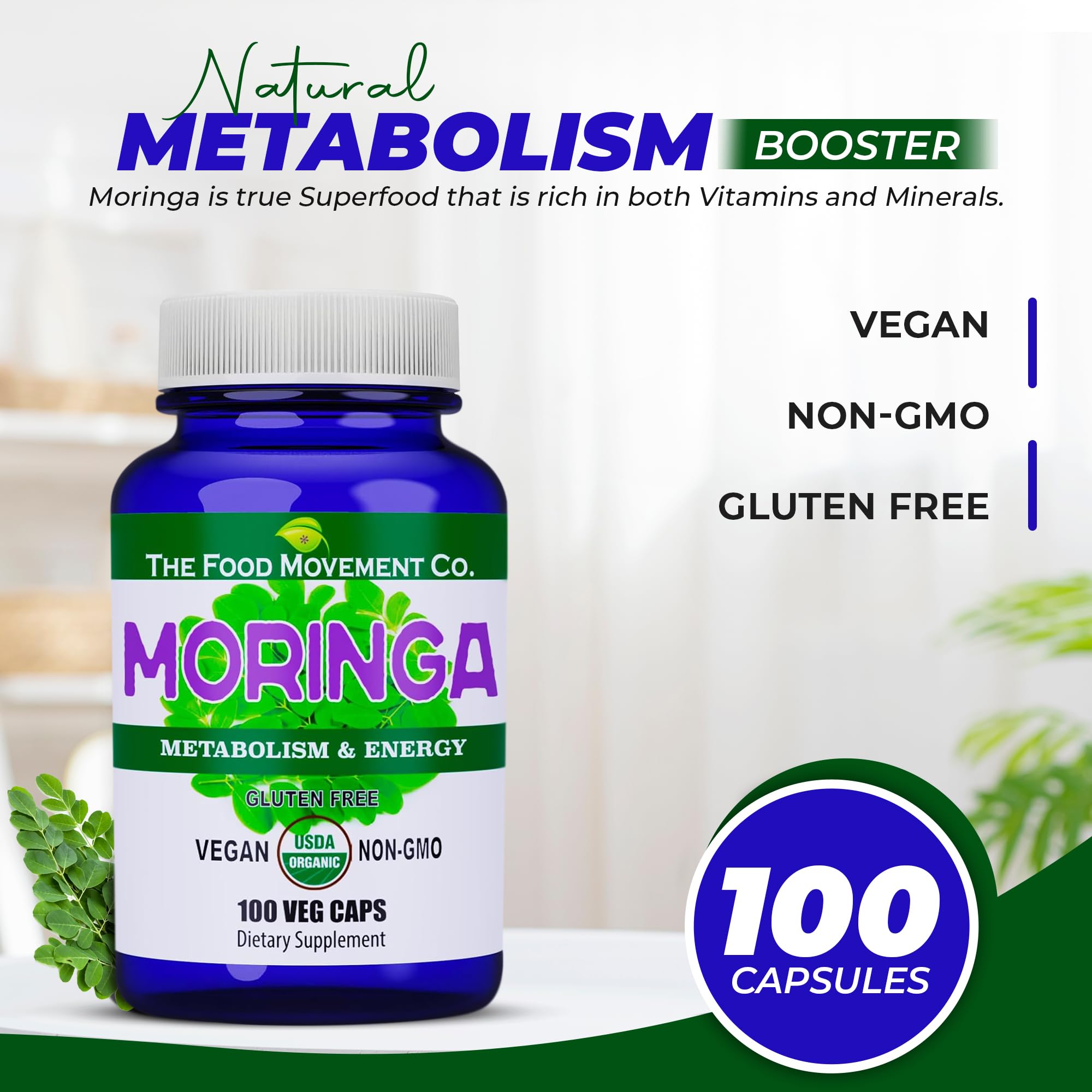 THE FOOD MOVEMENT CO. Moringa - Feuilles et moringa visibles, ambiance naturelle.