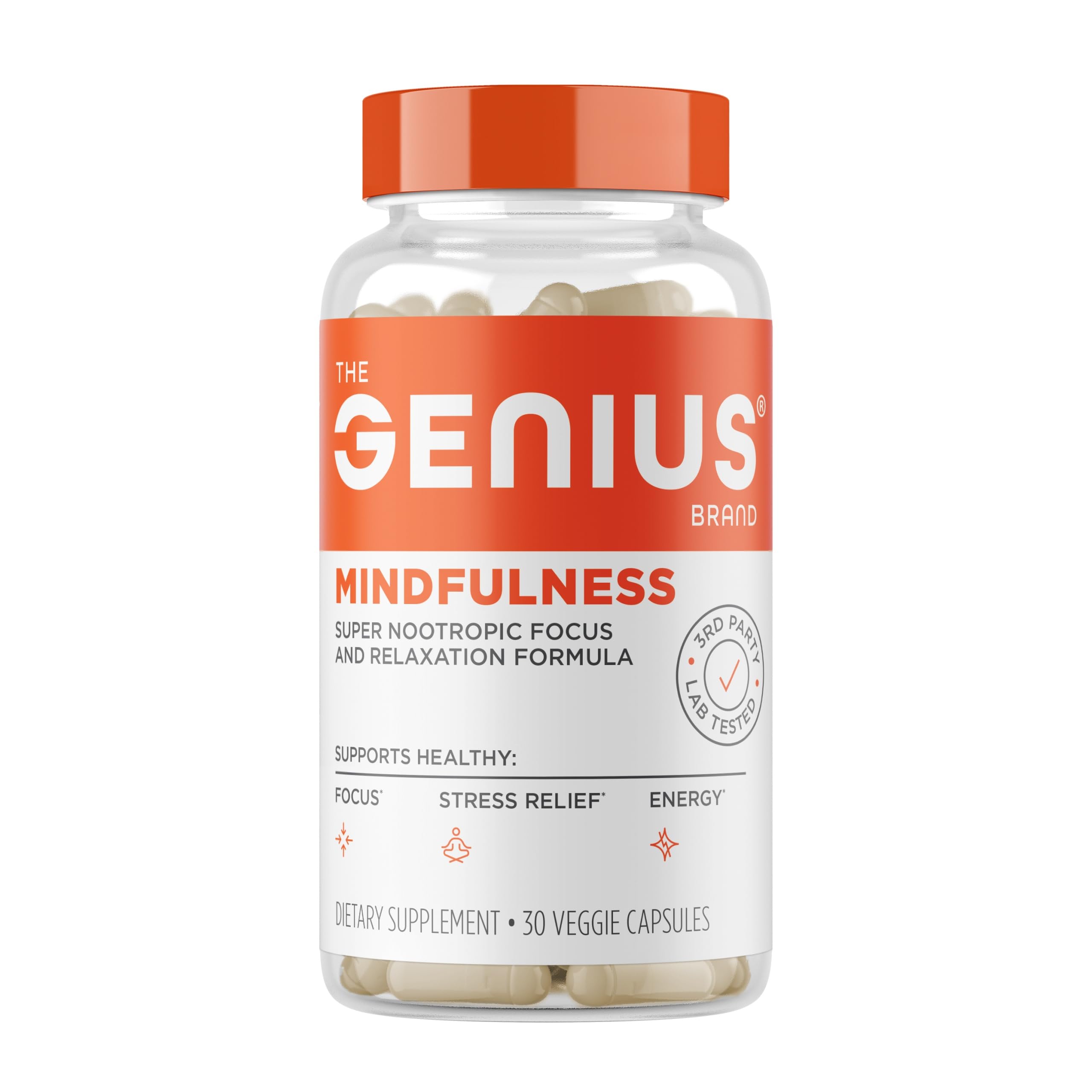 Genius Mindfulness, bouteille-pilules végétales, soutient concentration et calme au quotidien.