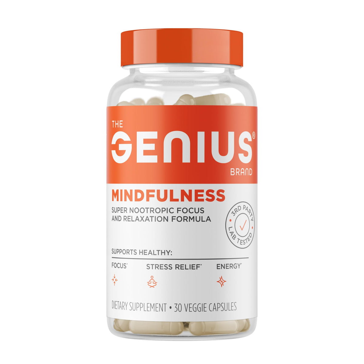 Genius Mindfulness, bouteille-pilules végétales, soutient concentration et calme au quotidien.
