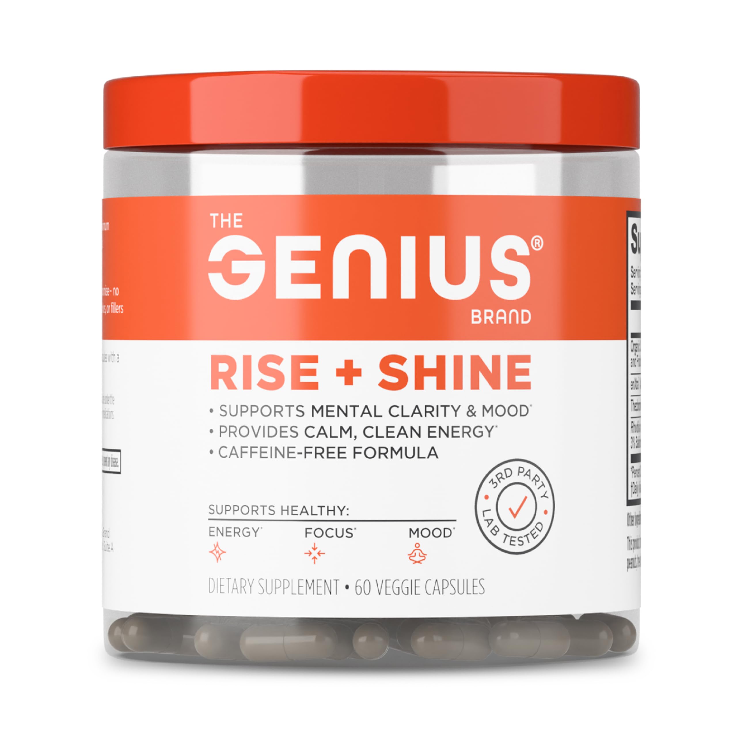 Rise + Shine The Genius Brand – bouteille prête à être versée pour énergie soutenue sans caféine.