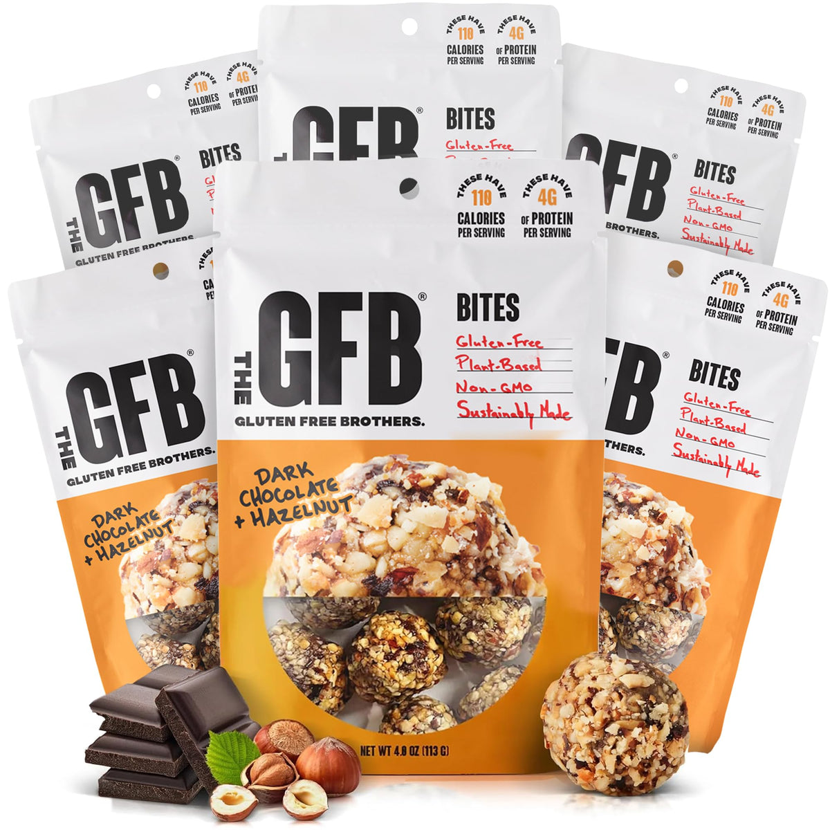 The GFB balles protéinées noisette chocolat noir emballage pratique à emporter.