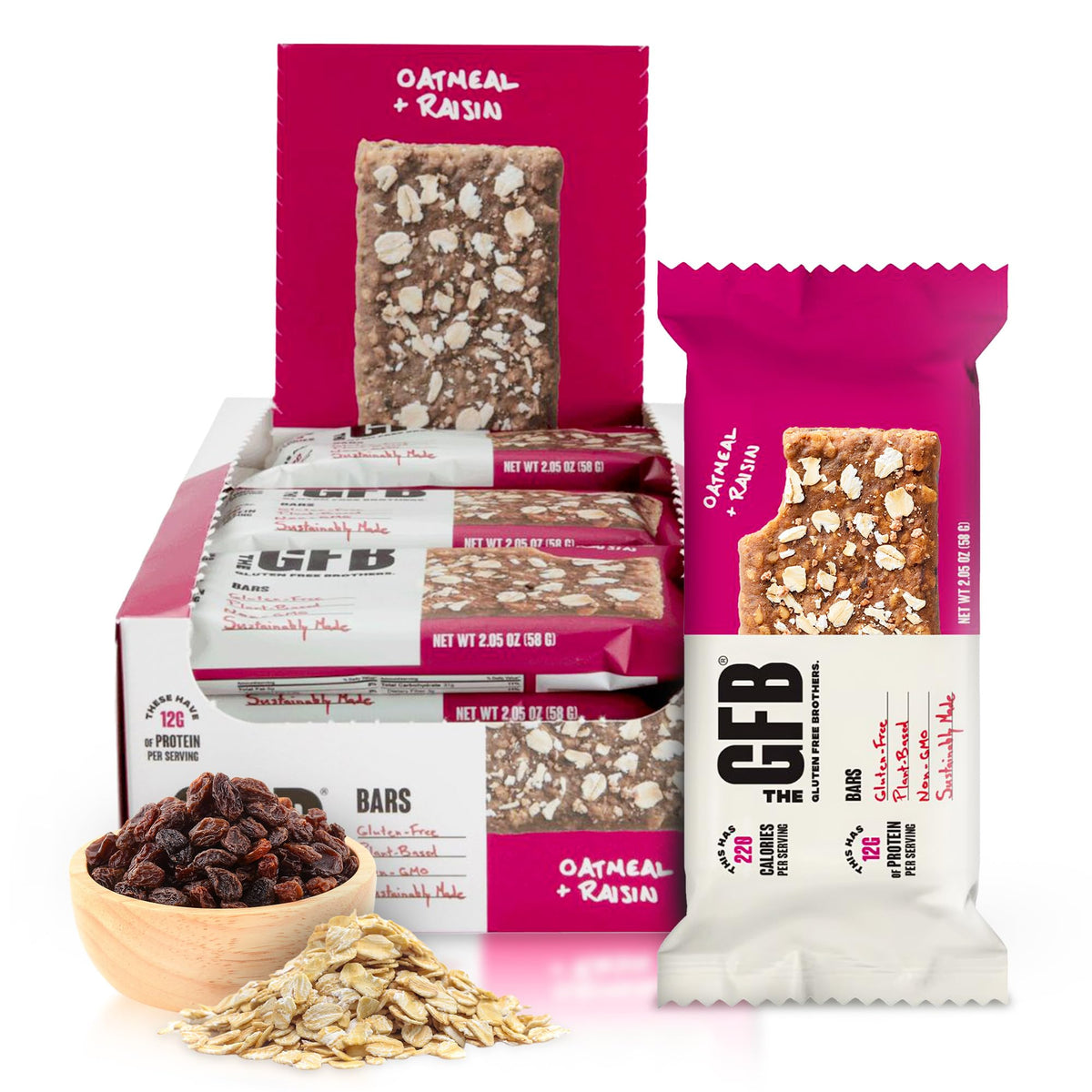 The GFB barres protéinées avoine raisin — emballage prêt à emporter, pratique pour le sac.