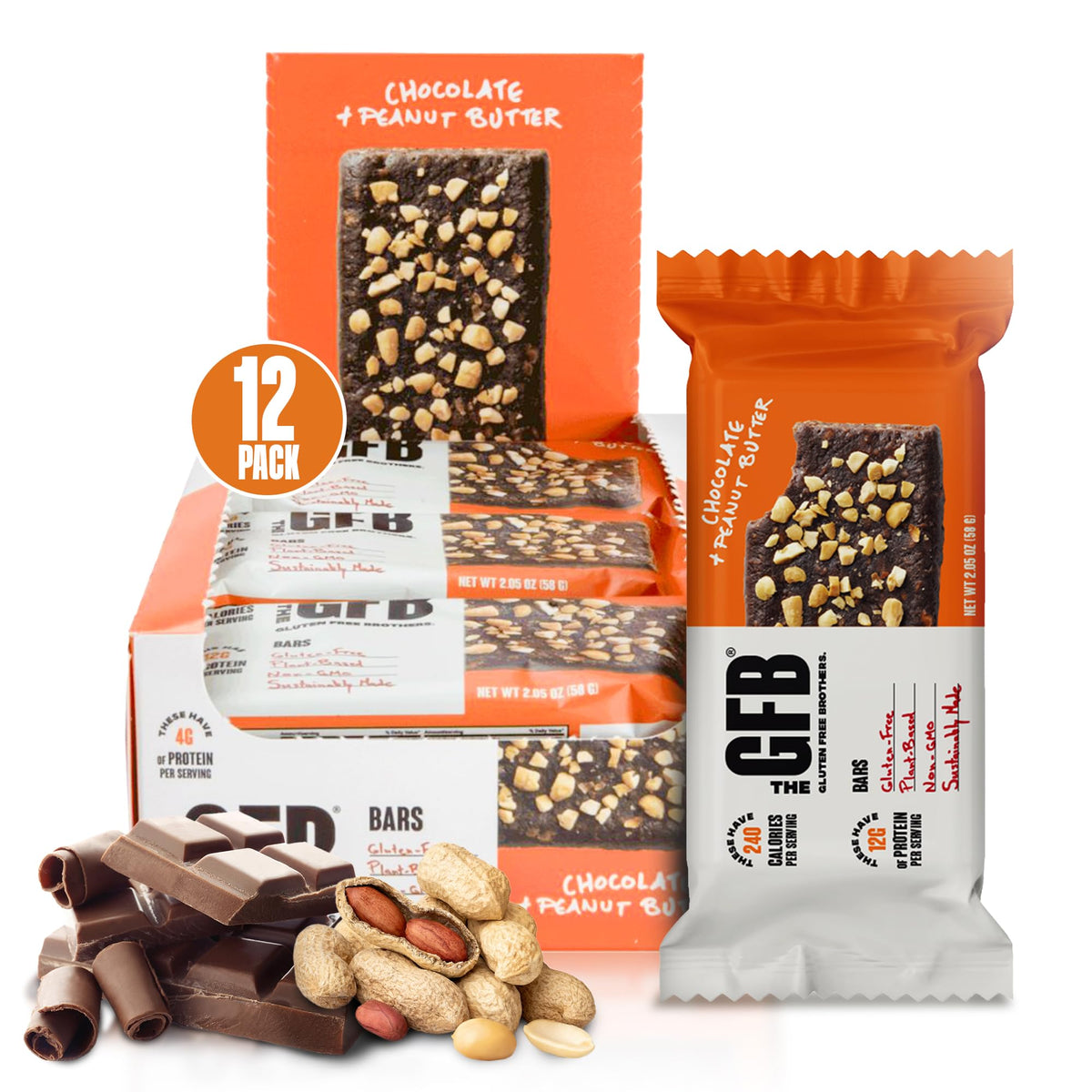 The GFB barres-protéine chocolat cacahuète dans emballage, snack pratique et gourmand.