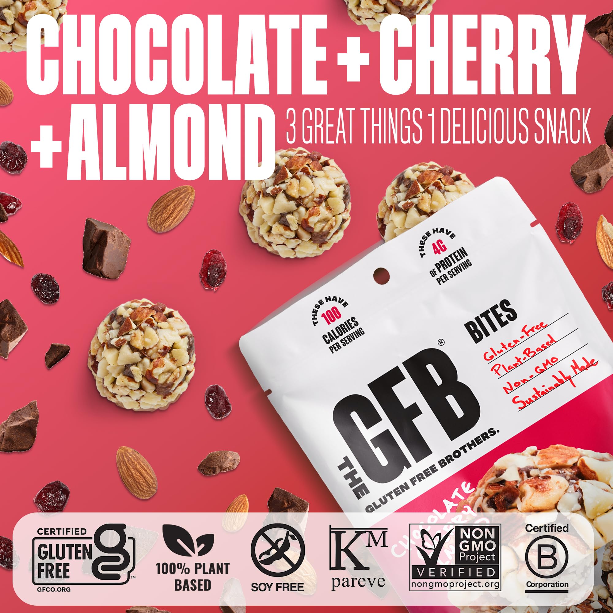 The GFB Ingrédients principaux: cerises Montmorency, chocolat noir et protéines végétales