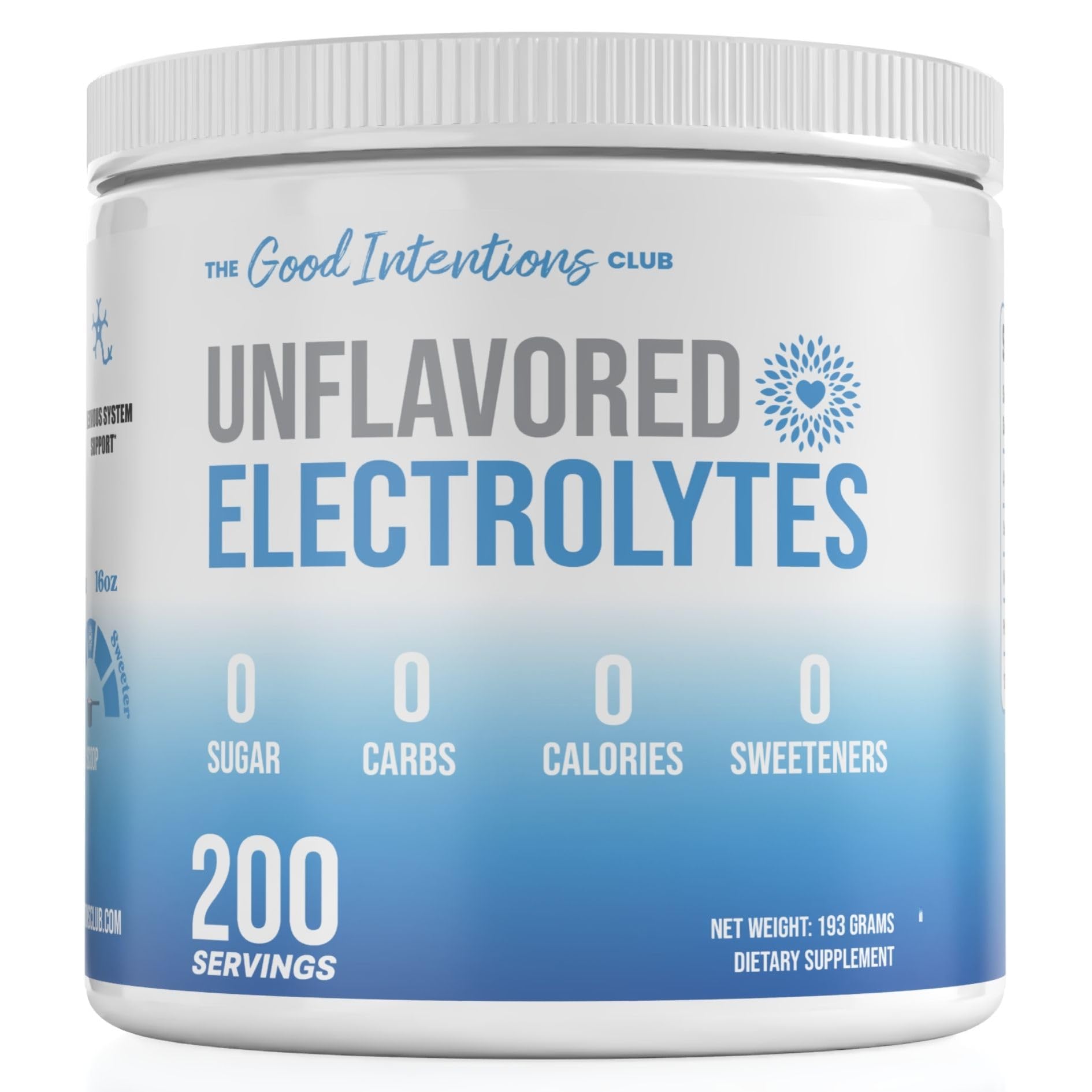The Good Intentions Club électrolytes sans arôme en poudre, hydratation neutre après l'effort.