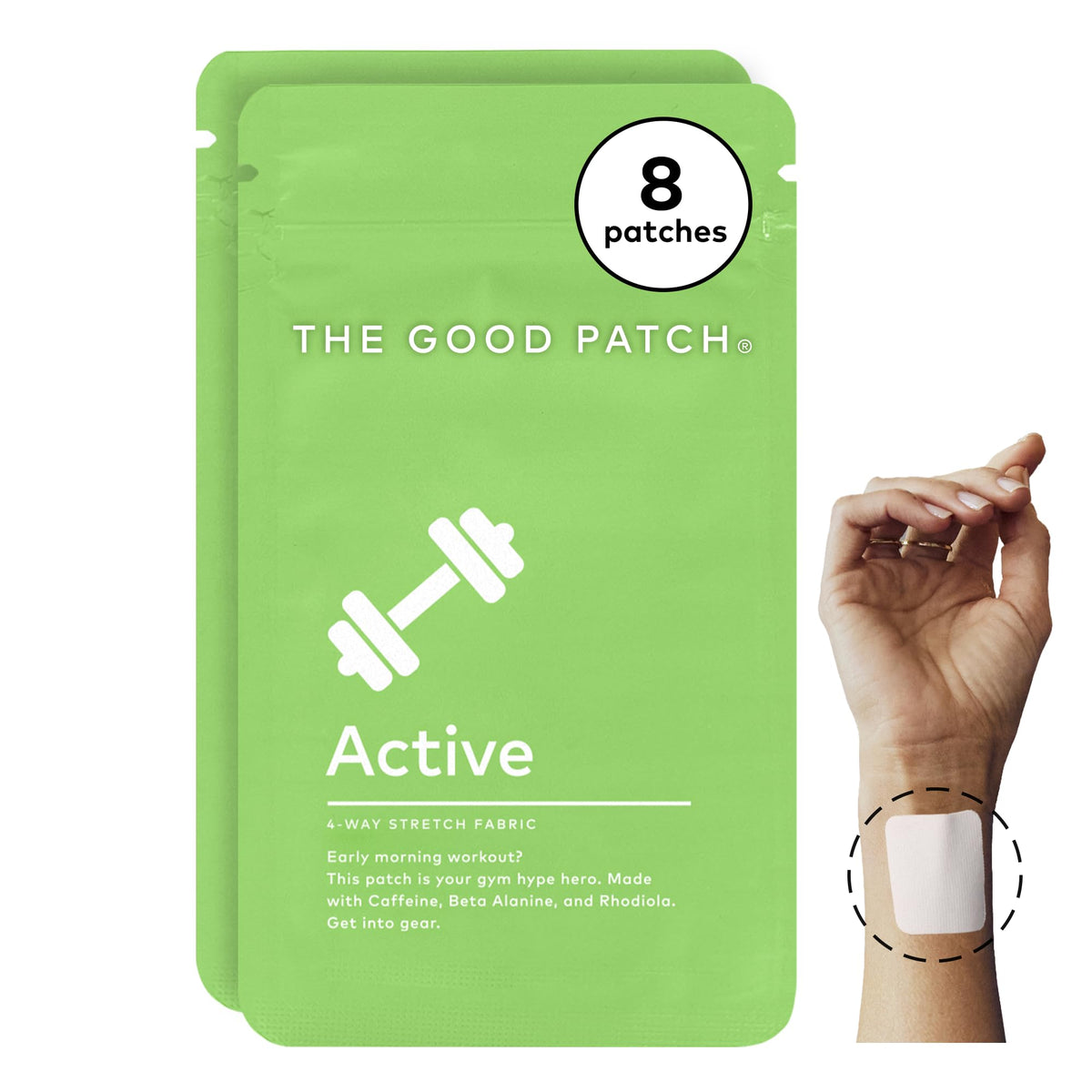 The Good Patch Active Patch sur le poignet, soutien énergétique discret.