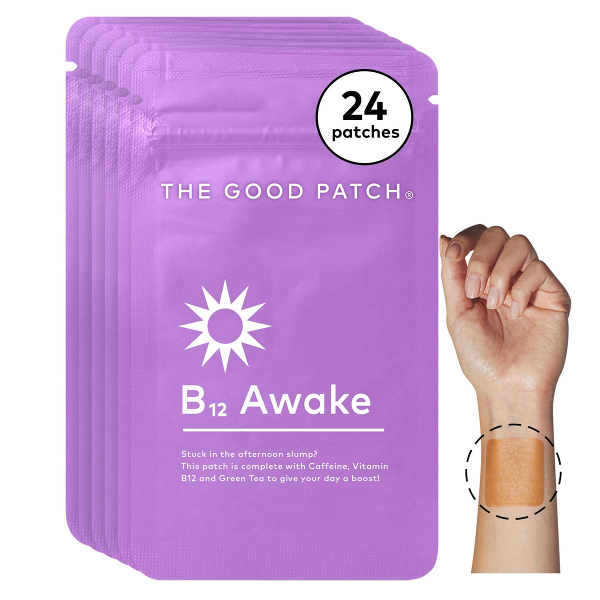 Patch B12 Awake de The Good Patch appliqué sur le poignet pour un réveil en douceur