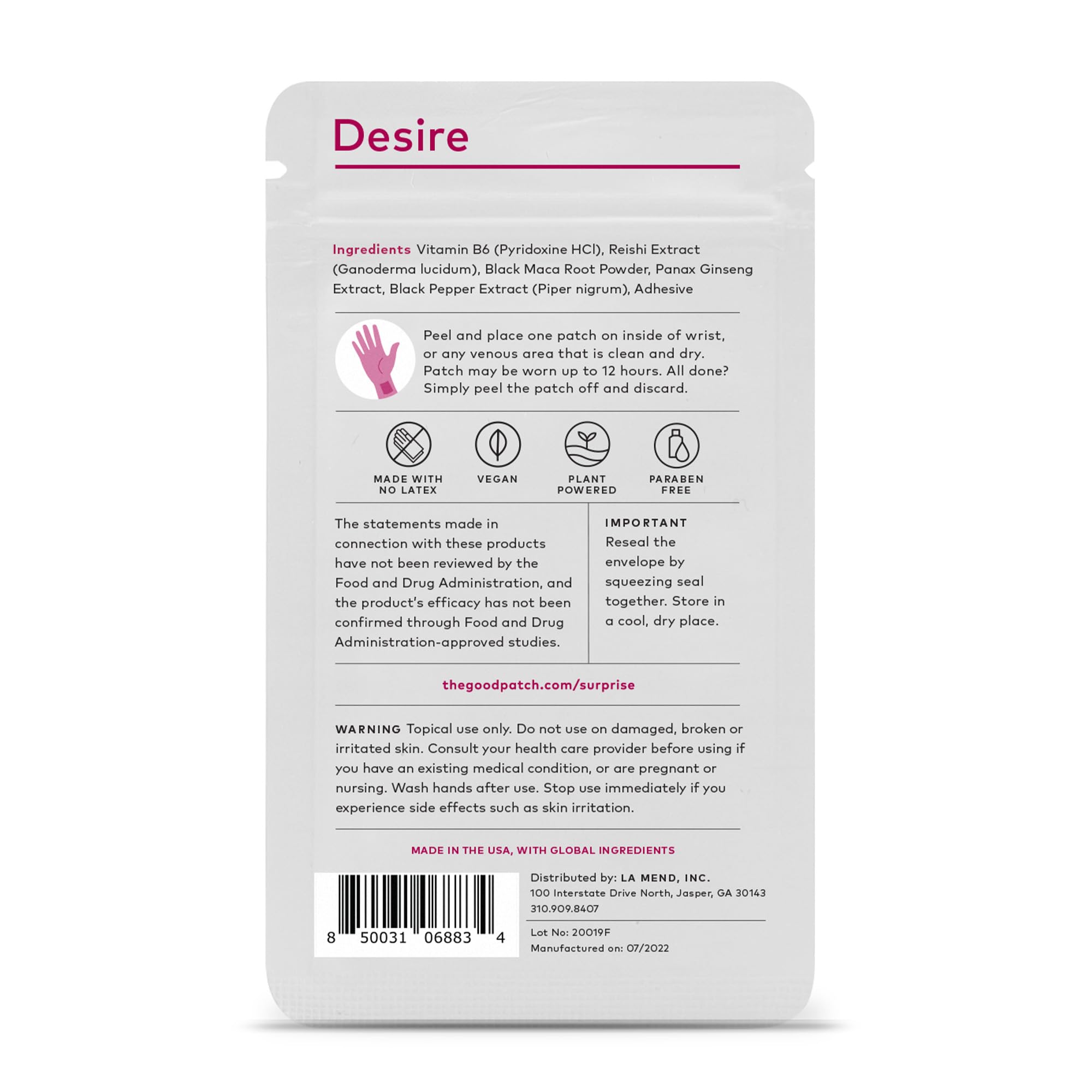 Bande adhésive The Good Patch Desire, emballage pratique.