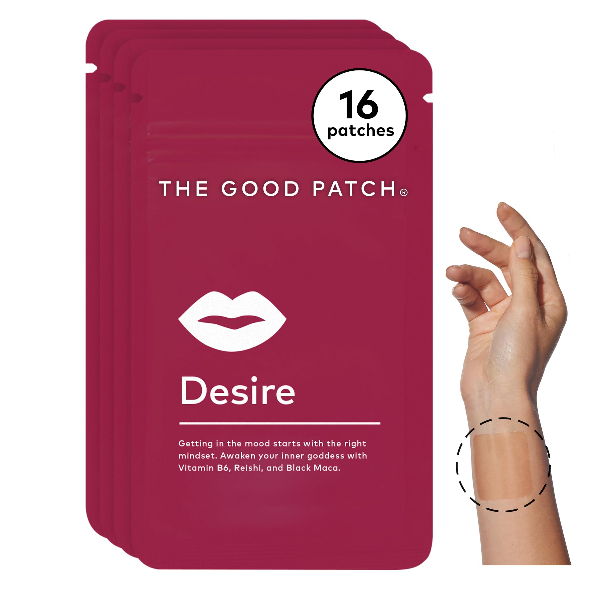 Le patch Desire de The Good Patch dans sa pochette réutilisable, pratique et discrète.