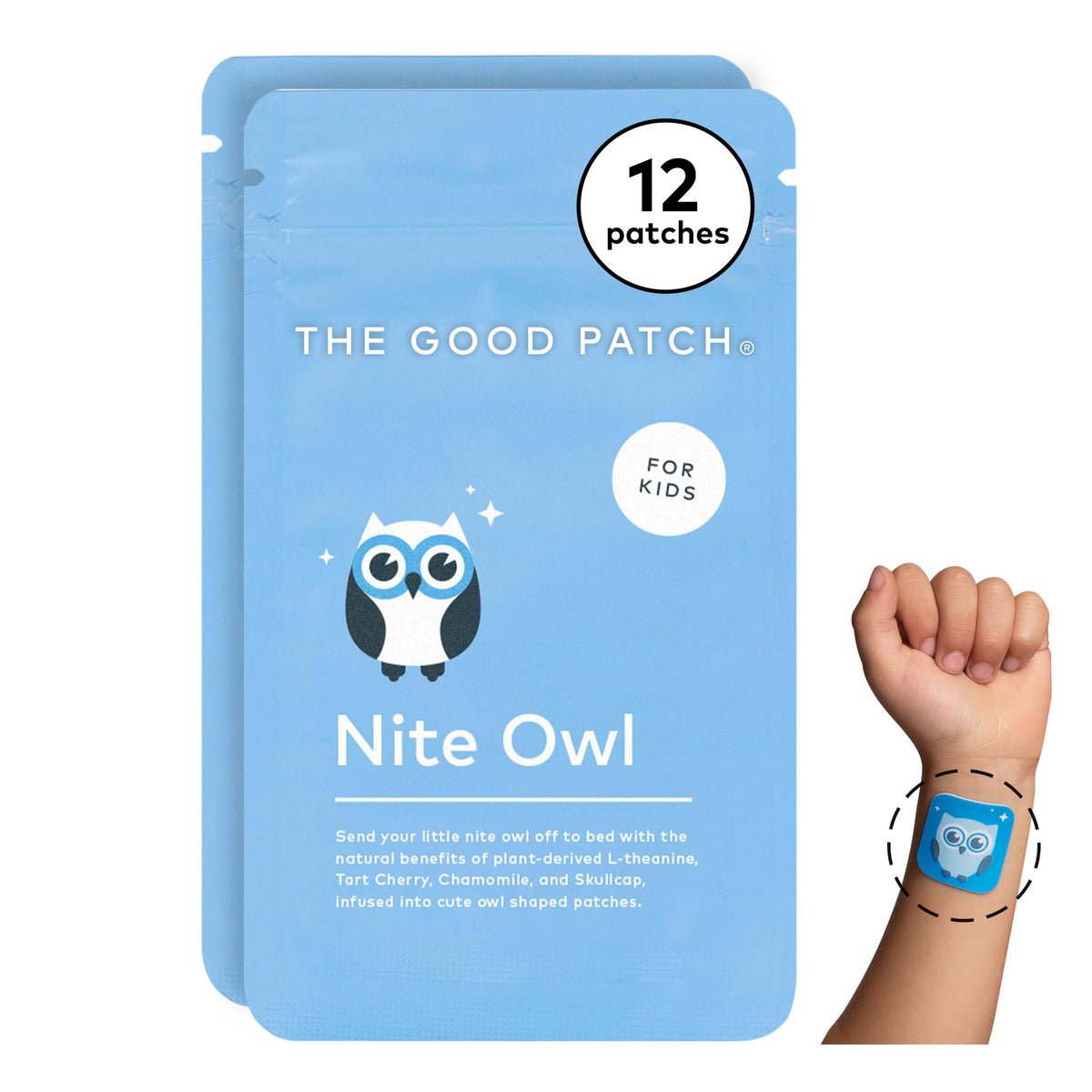 The Good Patch Nite Owl patch sur l'emballage prêt pour le rituel du coucher.
