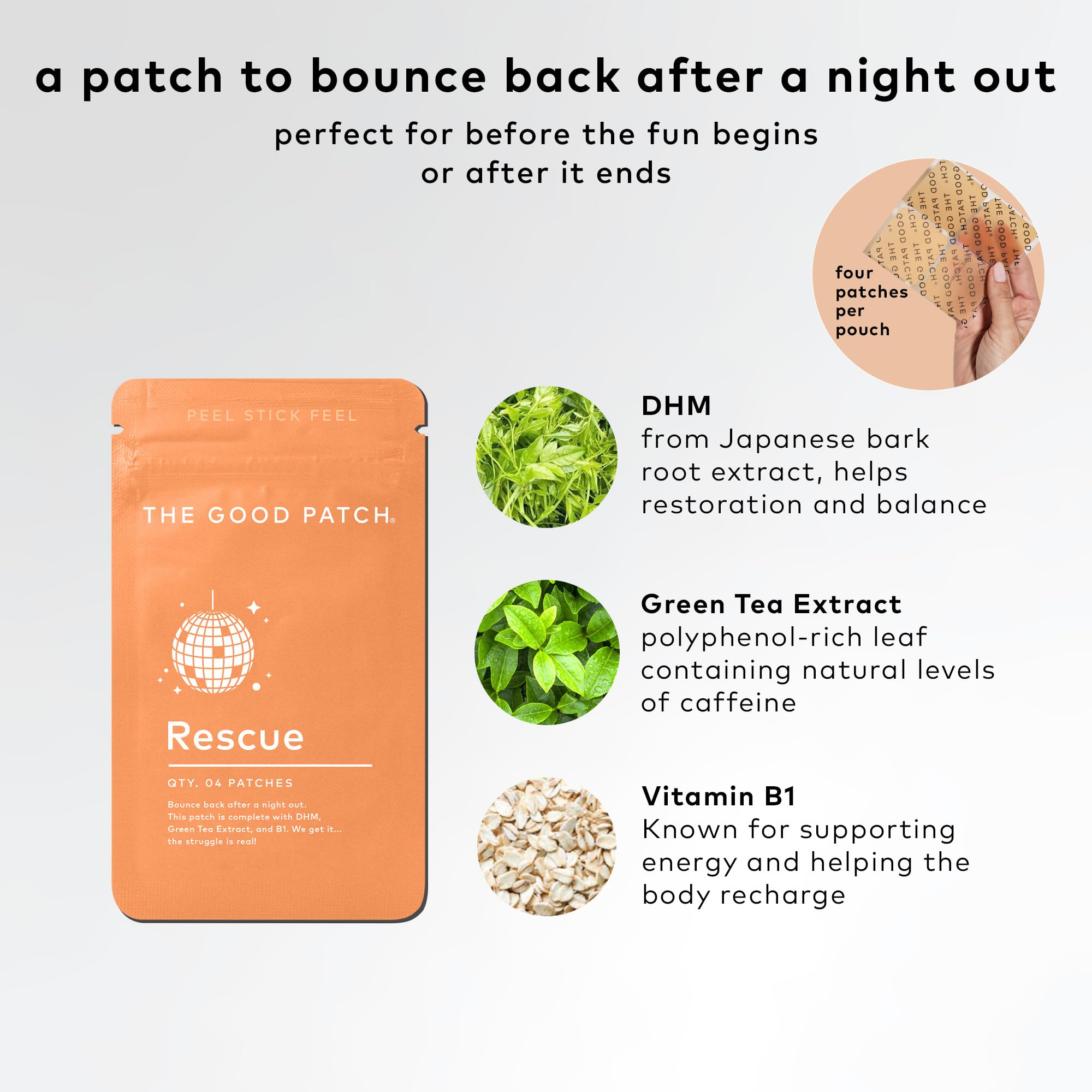 The Good Patch Rescue Patch DHM et ingrédients clés pour une utilisation nocturne