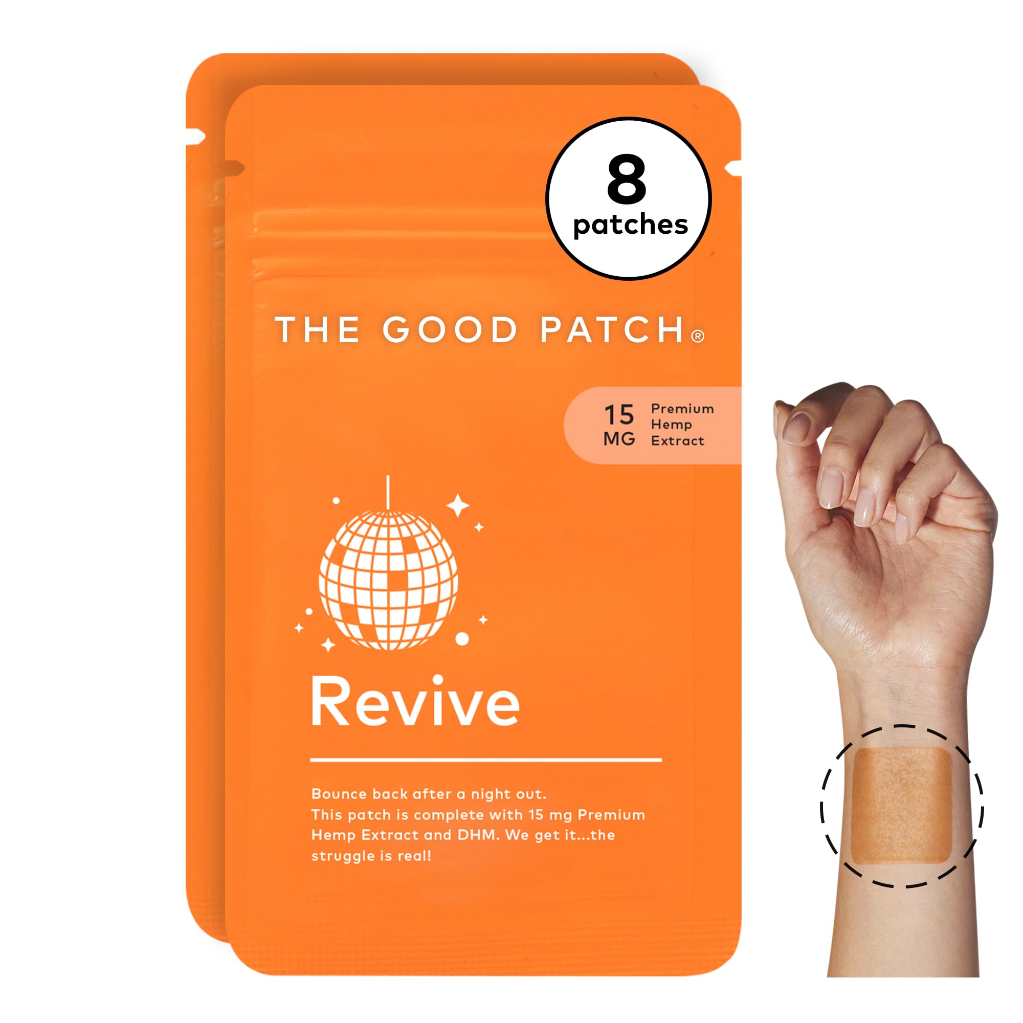 The Good Patch Revive sur le poignet, patch discret pour une récupération pratique.