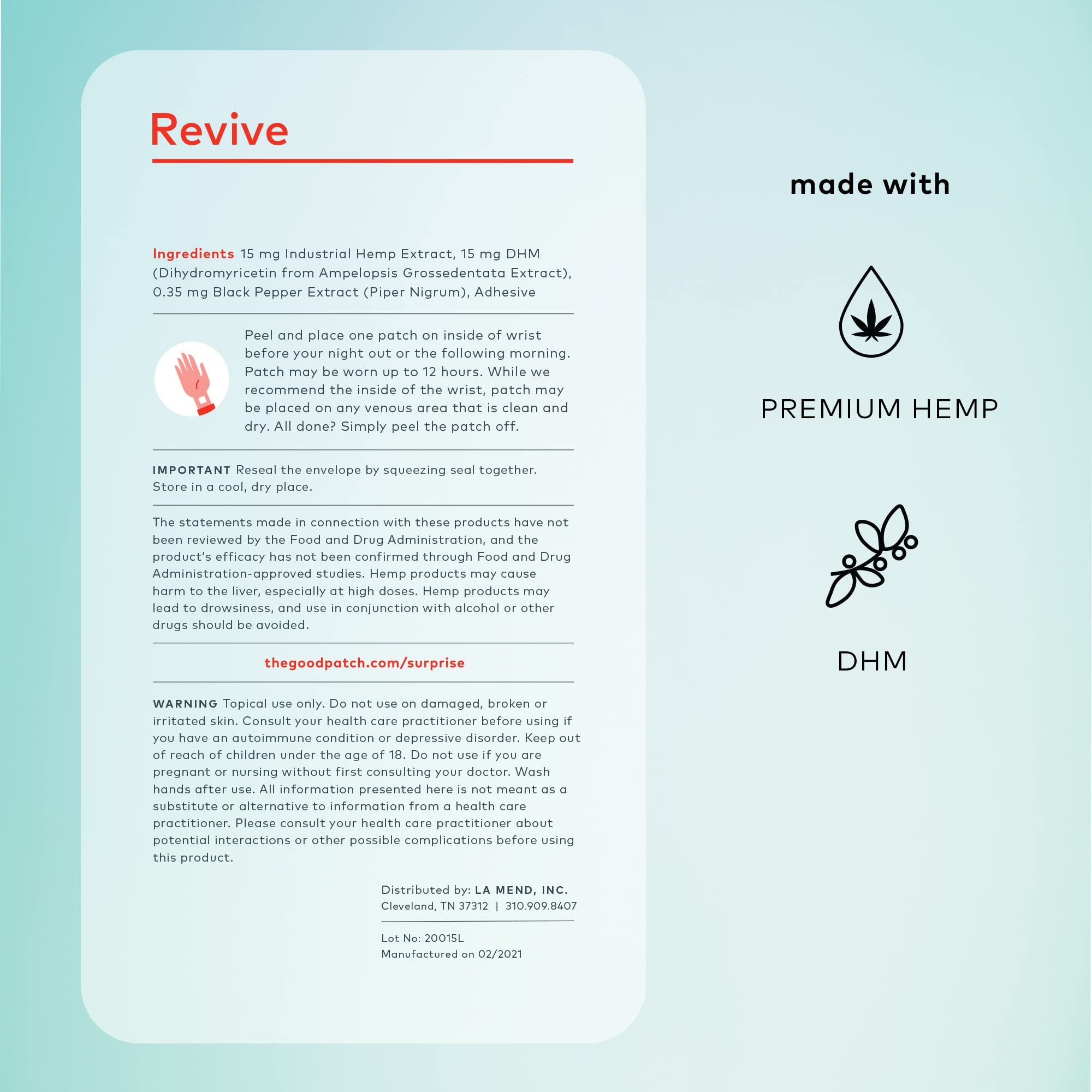 The Good Patch Revive Patch, application sur le poignet interne pour une récupération discrète