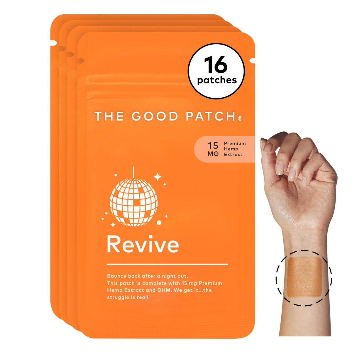 The Good Patch Revive patch appliqué discret sur le poignet pour récupérer après soirée.