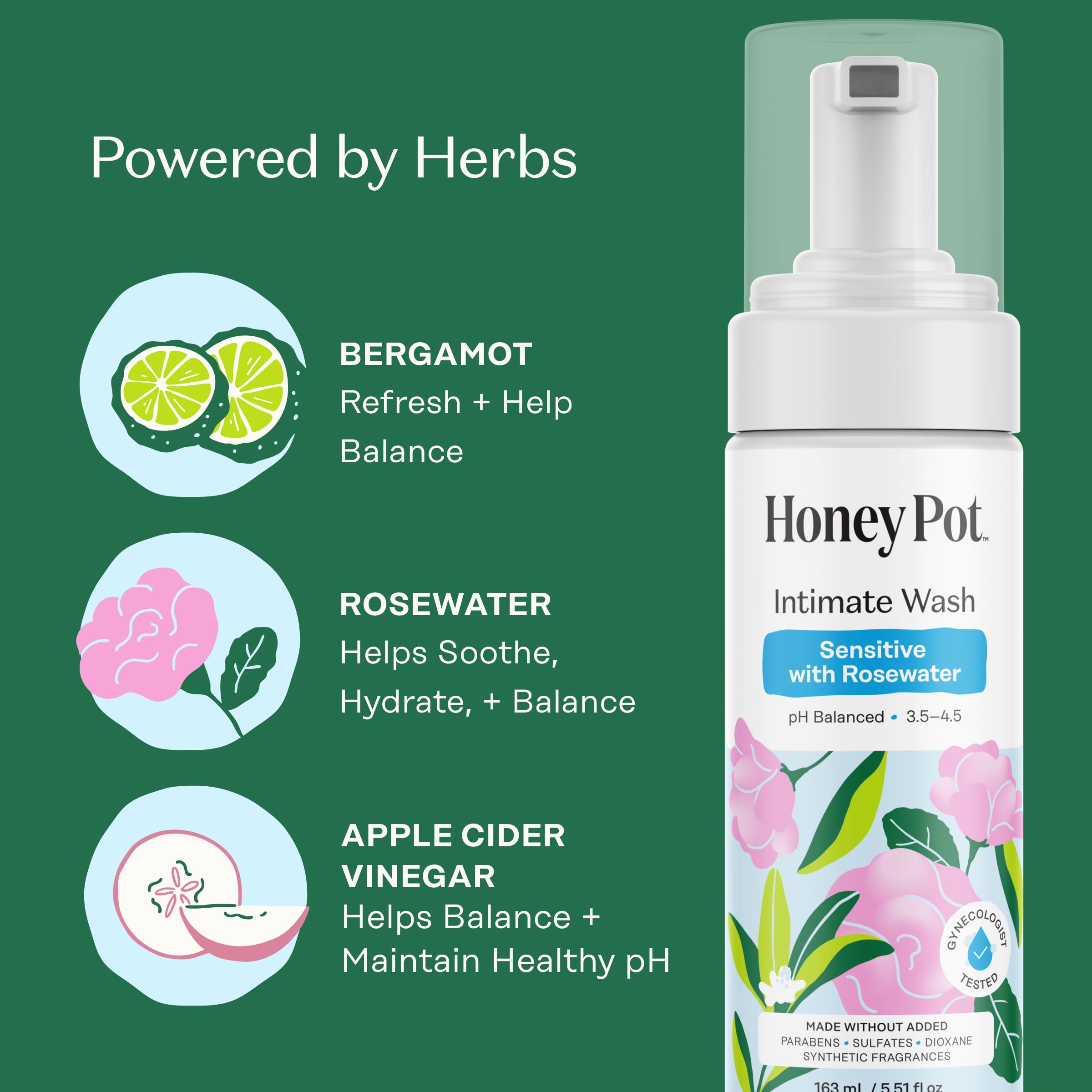 The Honey Pot Company ingrédients clés bergamot et vinaigre de cidre soutiennent l'équilibre du pH.