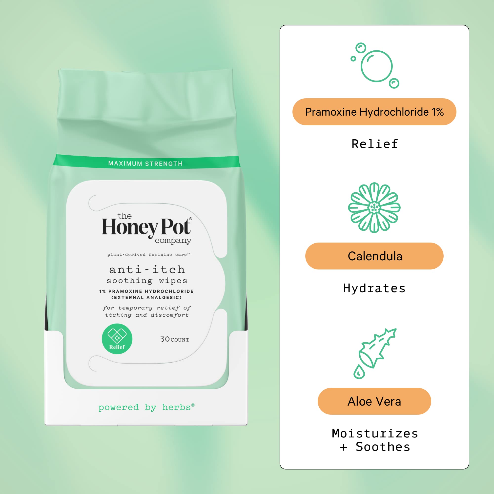 The Honey Pot Company lingettes apaisantes pramoxine pour soulager démangeaisons temporaires.
