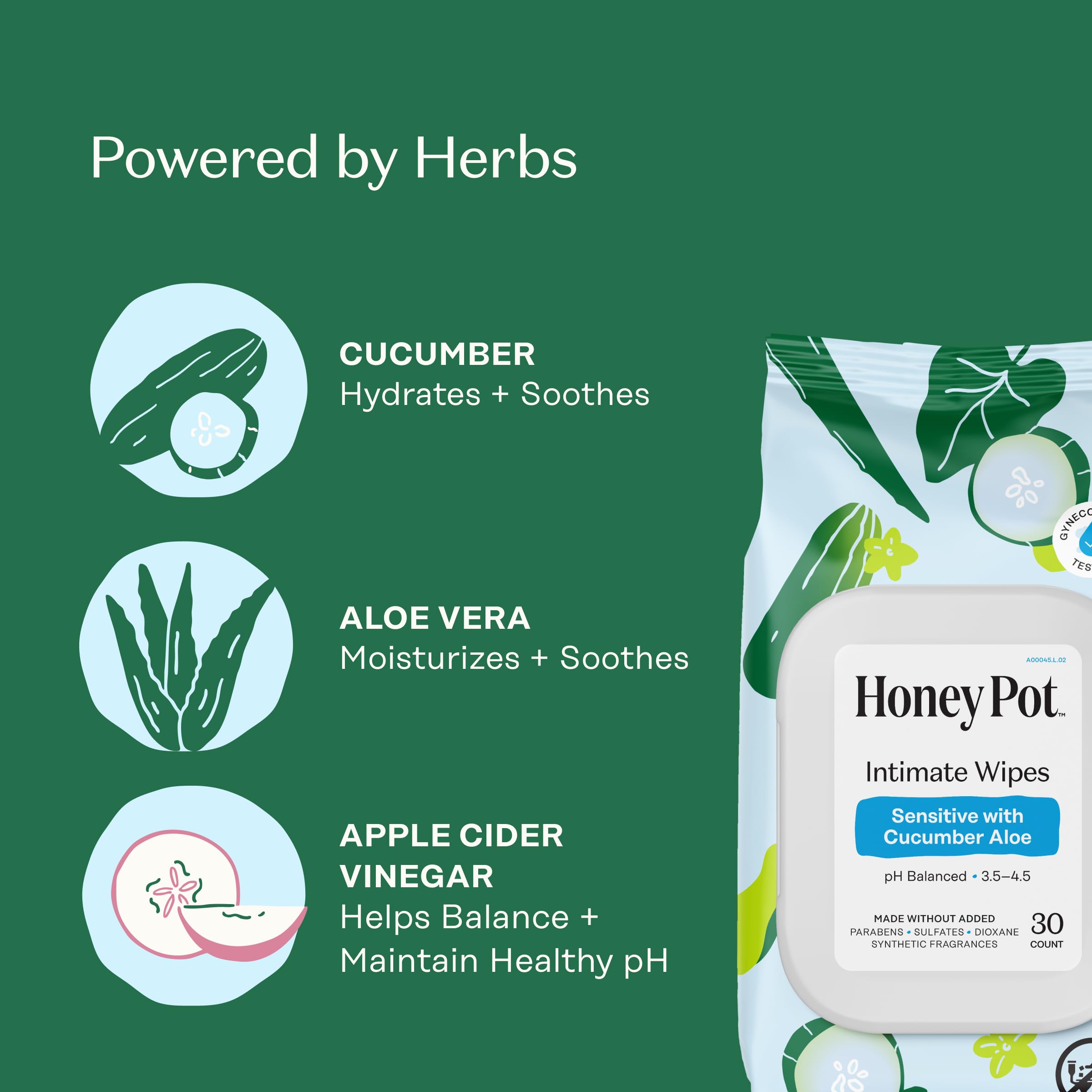 Lingettes The Honey Pot Concombre Aloe, apaisent les irritations légères.