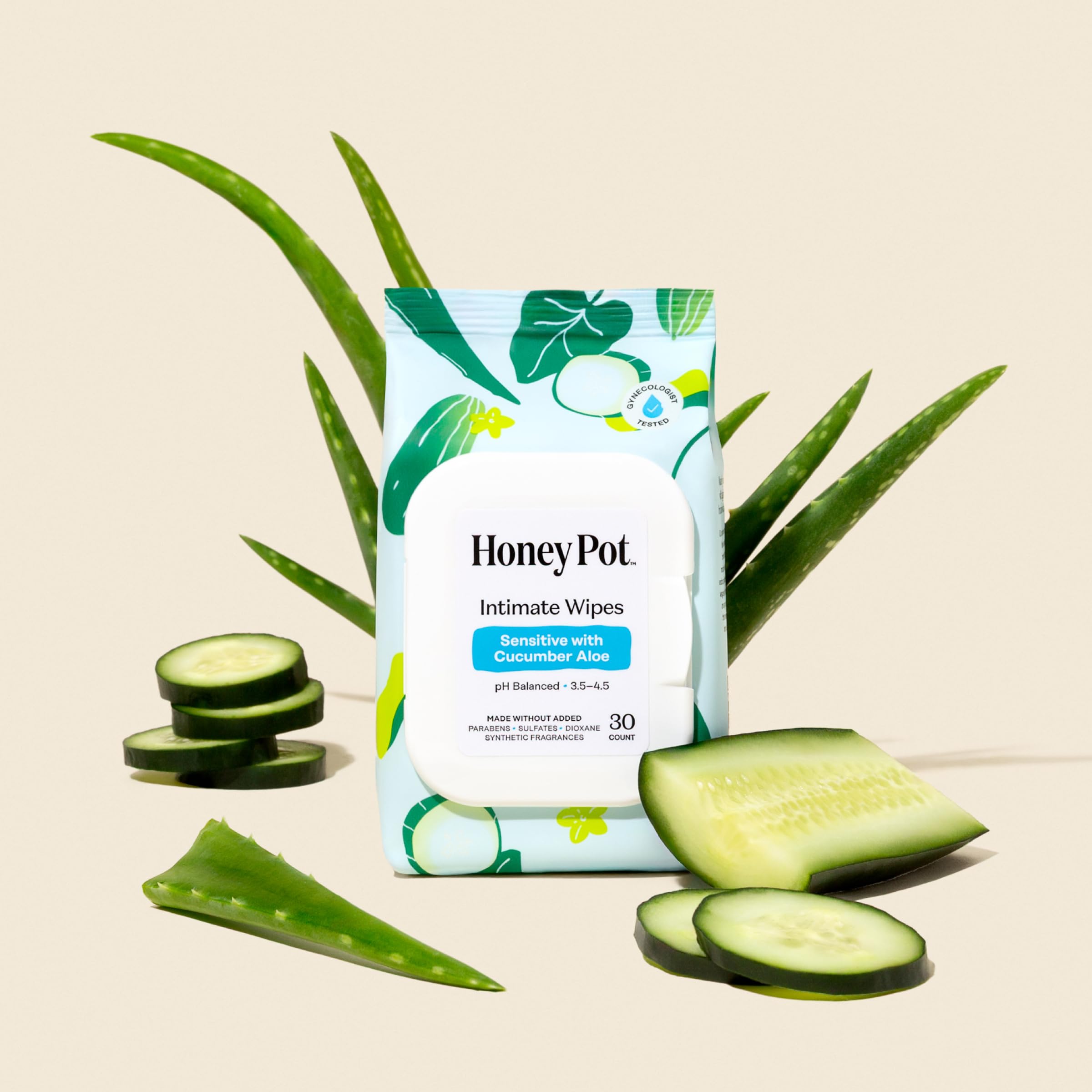 Lingettes The Honey Pot Concombre Aloe, nettoient et rafraîchissent en douceur.