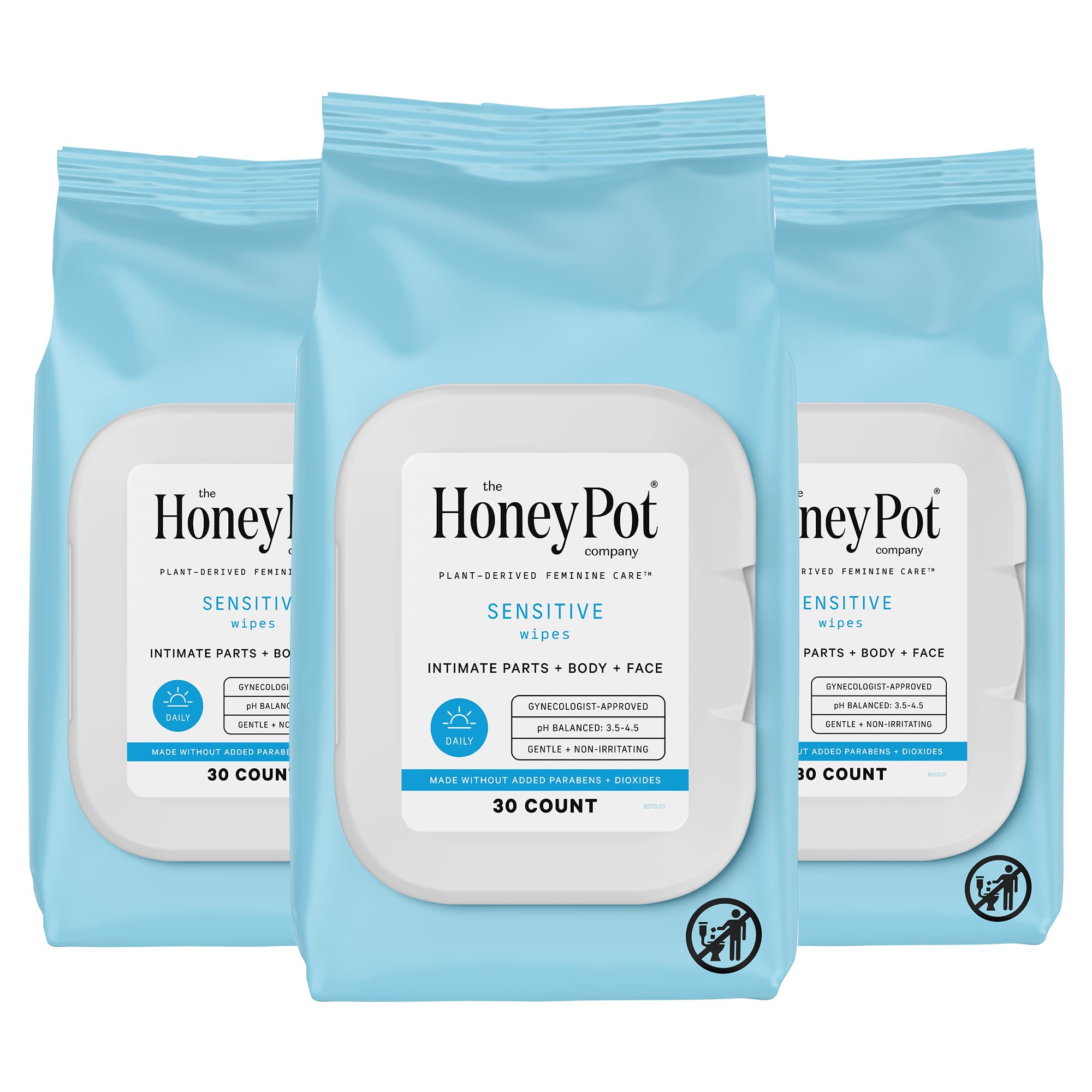 Lingettes The Honey Pot sensibles pour l'hygiène intime et équilibre du pH au quotidien.